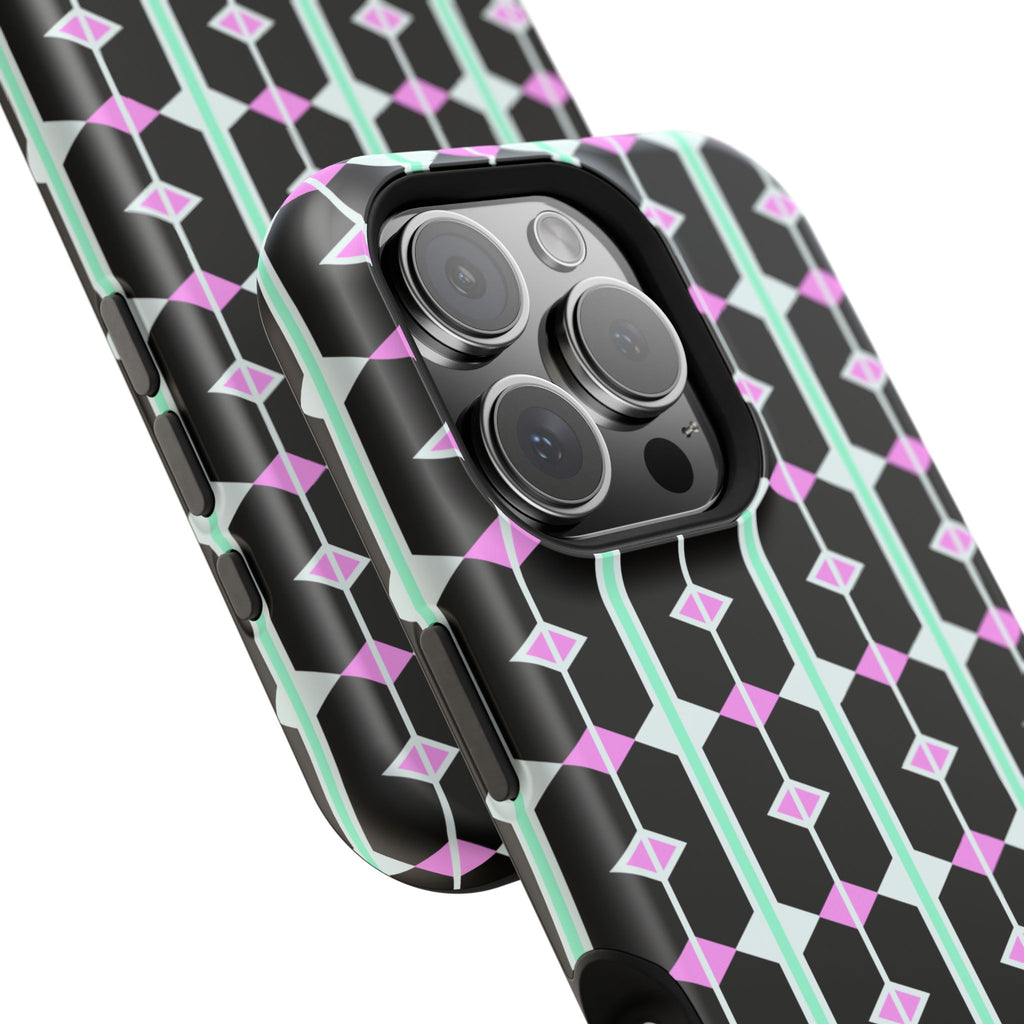 Geom Stripe Magnetic Phone Case — Black with Mint & Lavender Pattern