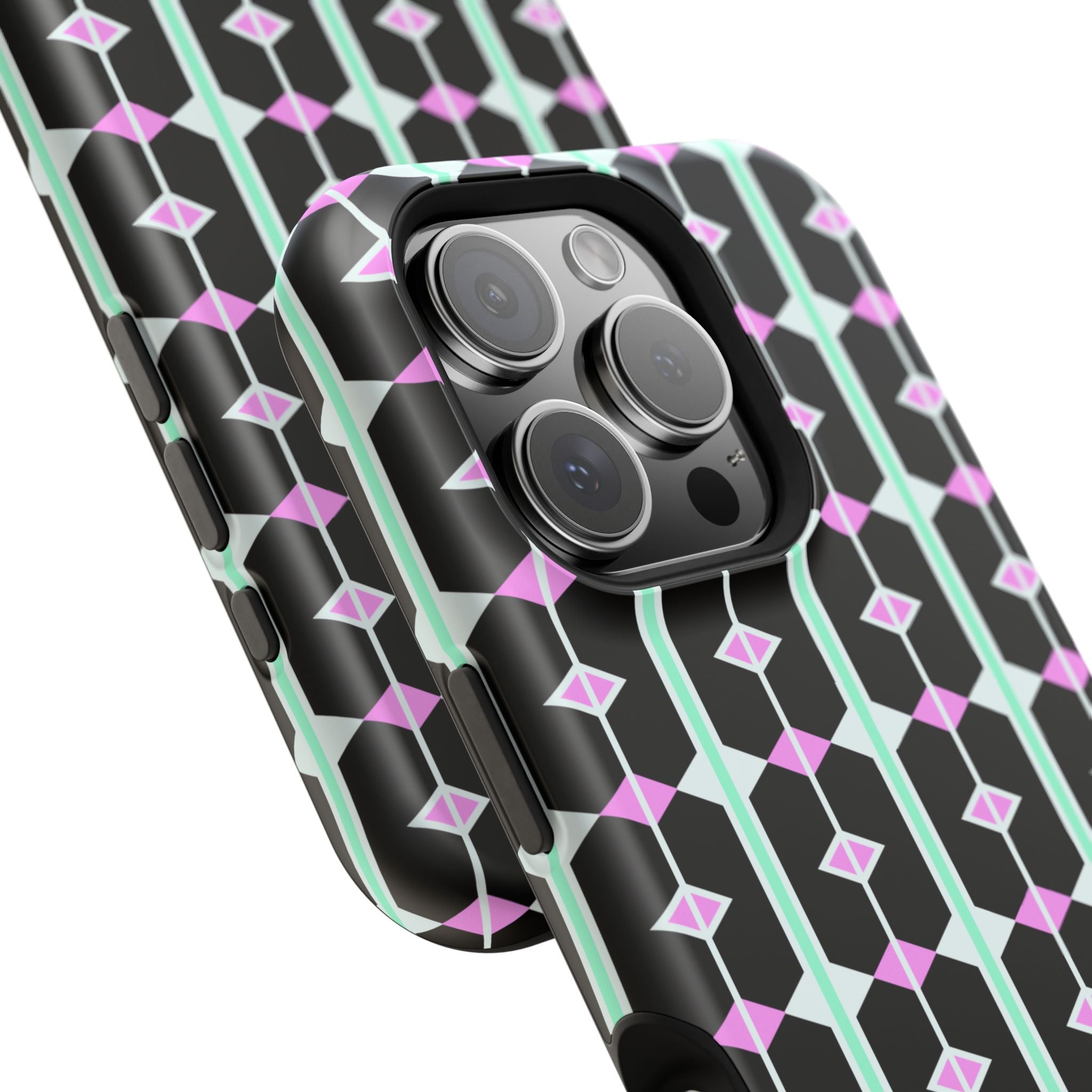 Geom Stripe Magnetic Phone Case — Black with Mint & Lavender Pattern