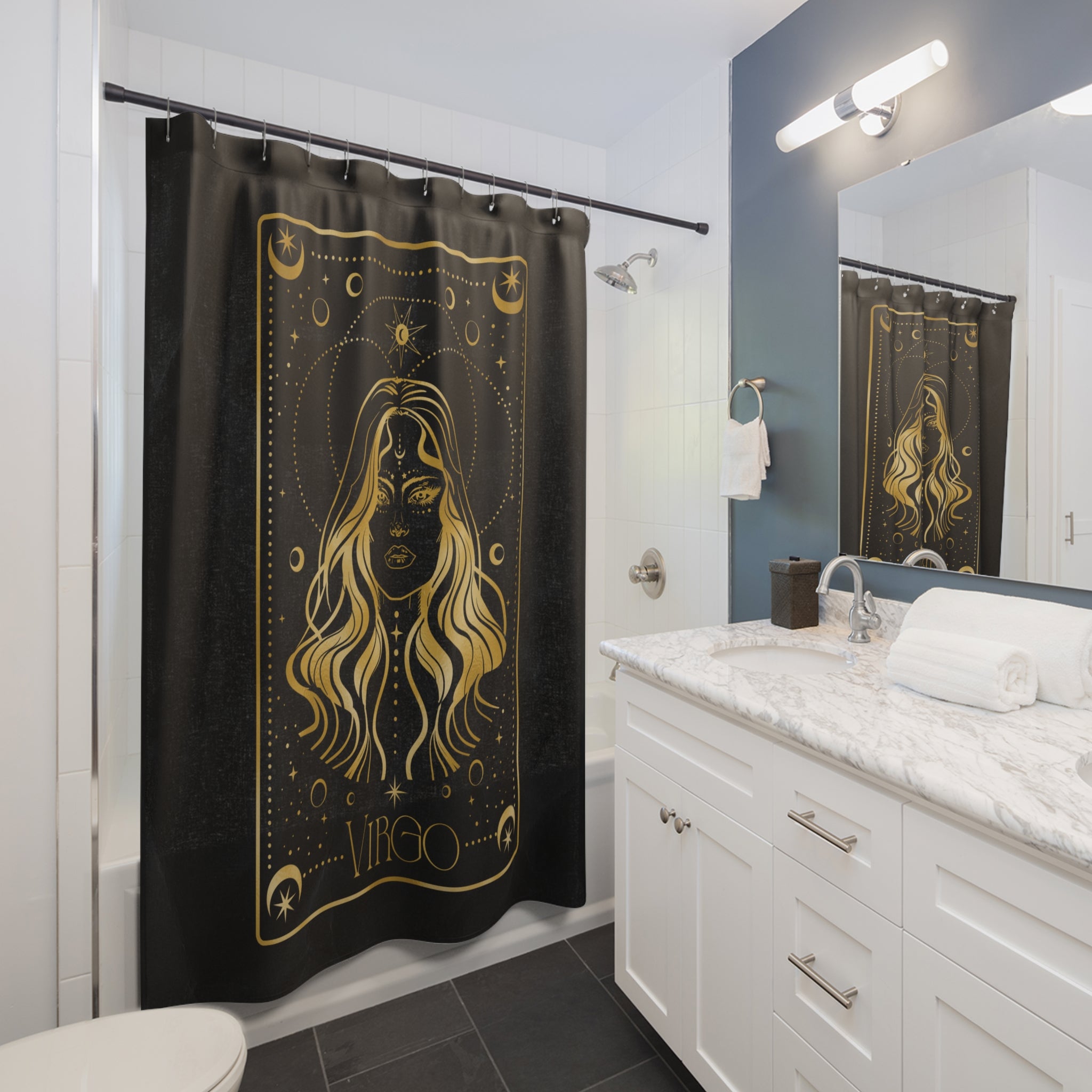 Virgo Zodiac Shower Curtain — Gold Astrology Bath Decor