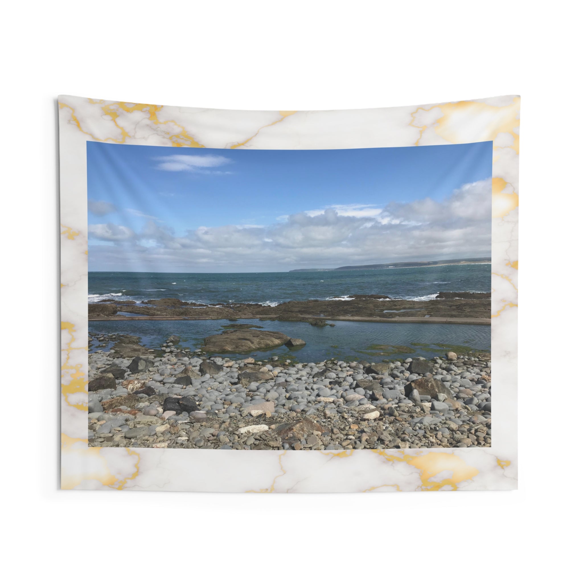 Coastal Pebble Beach in Devon, England Tapestry — Seaside Wall Art with Marble Border