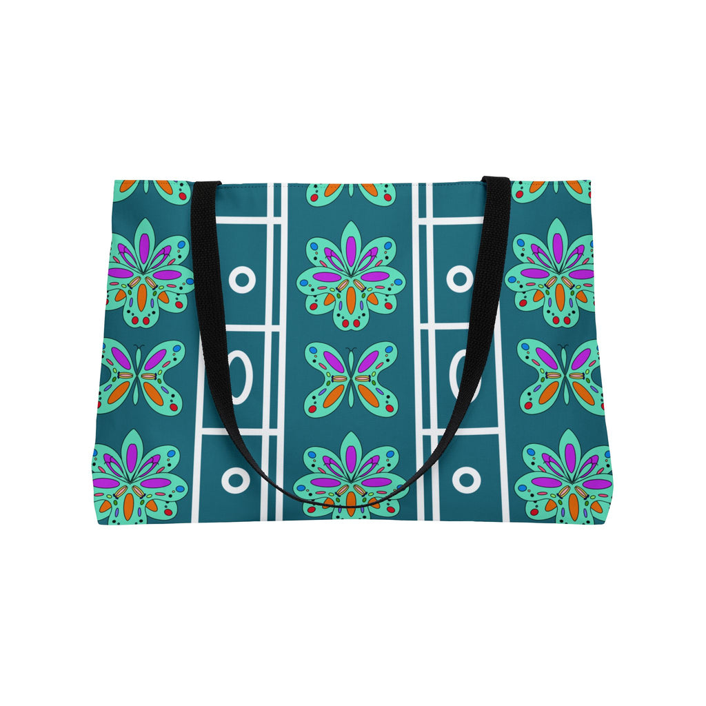 Patterned Weekender Tote Bag — Teal Floral Geometric Travel Bag