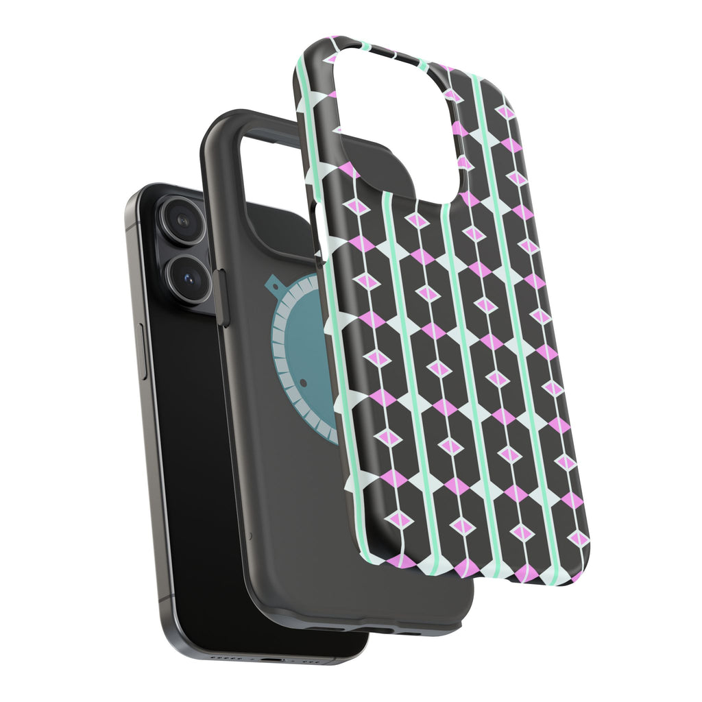 Geom Stripe Magnetic Phone Case — Black with Mint & Lavender Pattern