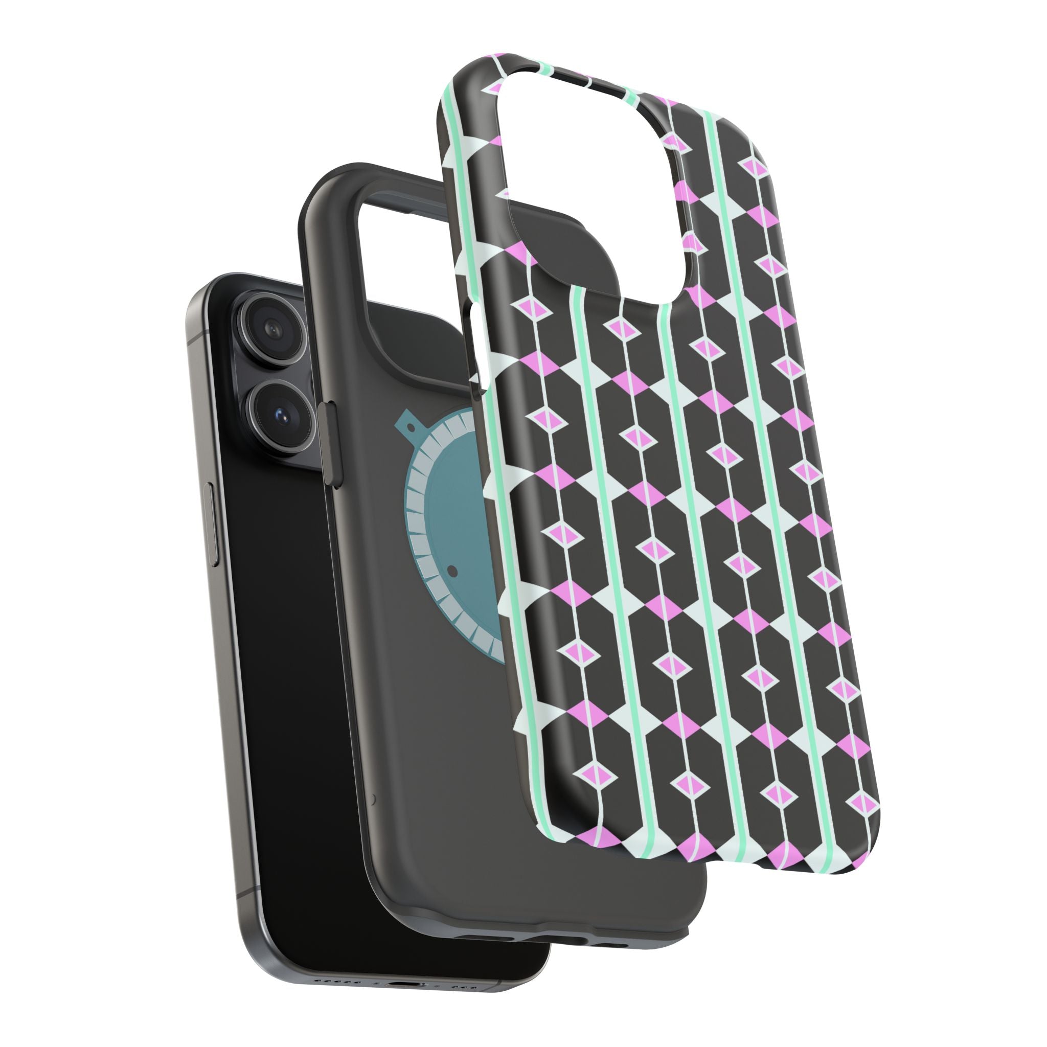 Geom Stripe Magnetic Phone Case — Black with Mint & Lavender Pattern