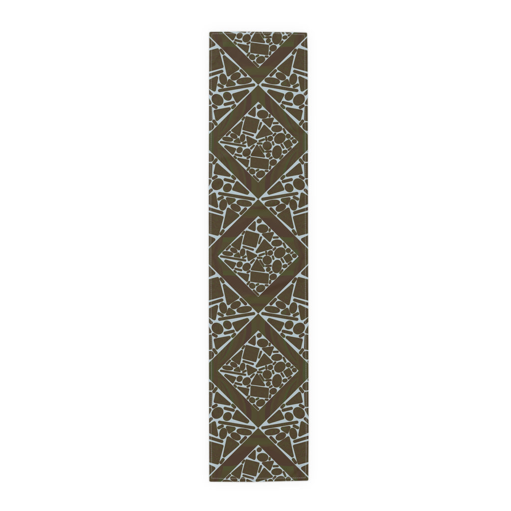 Geometric Mosaic Table Runner — Brown & Sage Decorative Dining Accent