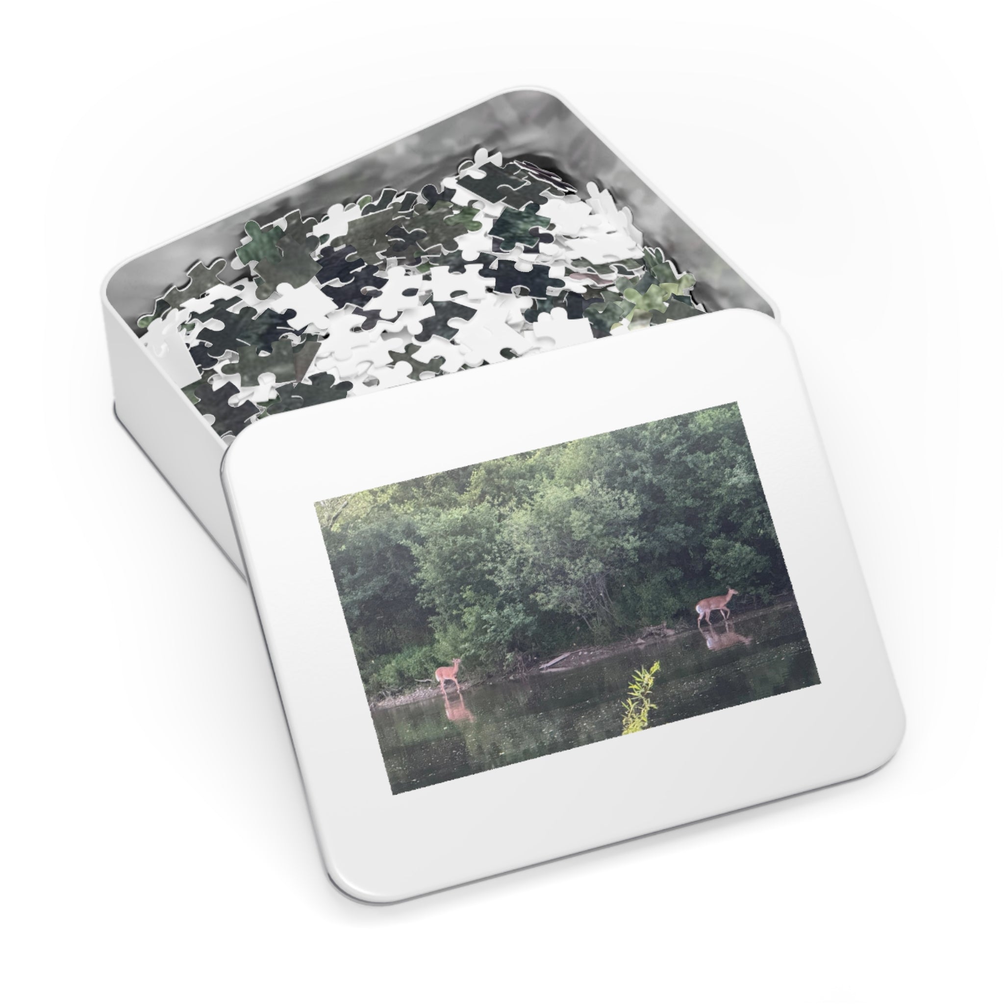 Deer by the River Jigsaw Puzzle with Tin — Scenic Nature Puzzle