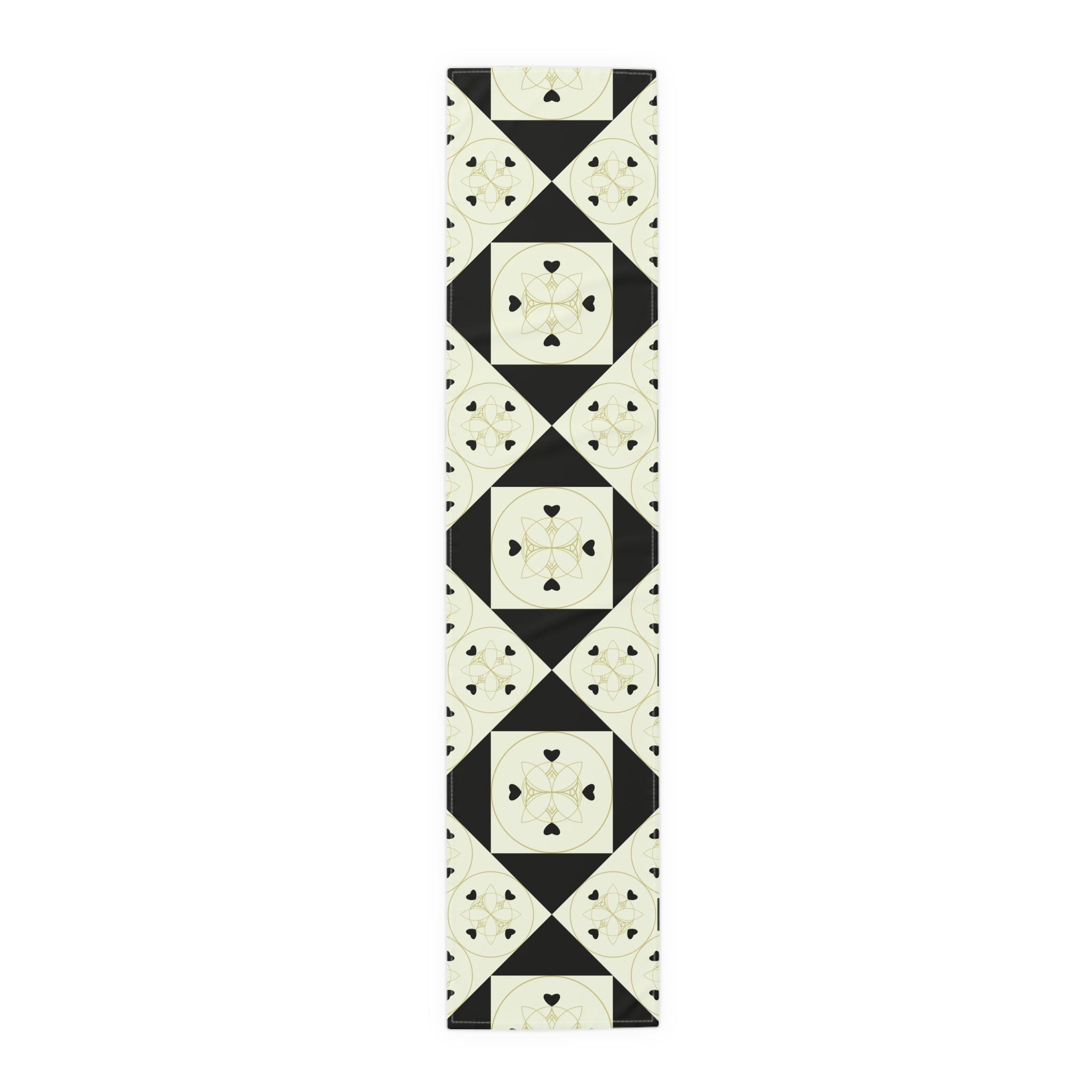 Geometric Heart Quilt Table Runner — Black & Cream Modern Farmhouse Decor