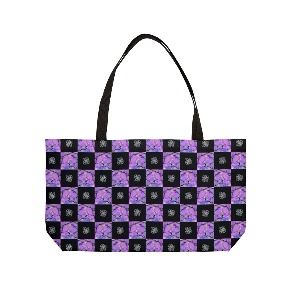Purple Checkerboard Weekender Tote Bag — Floral Pattern Overnight Bag