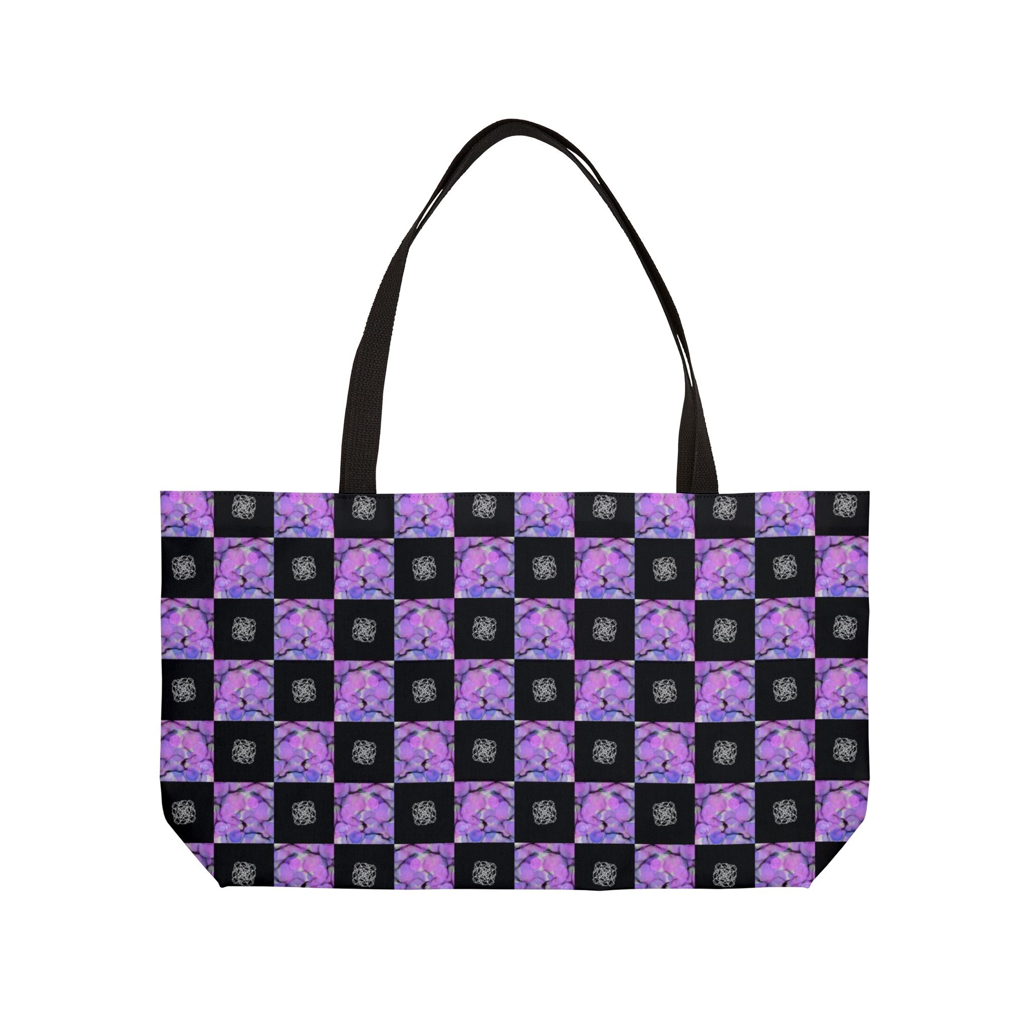 Purple Checkerboard Weekender Tote Bag — Floral Pattern Overnight Bag