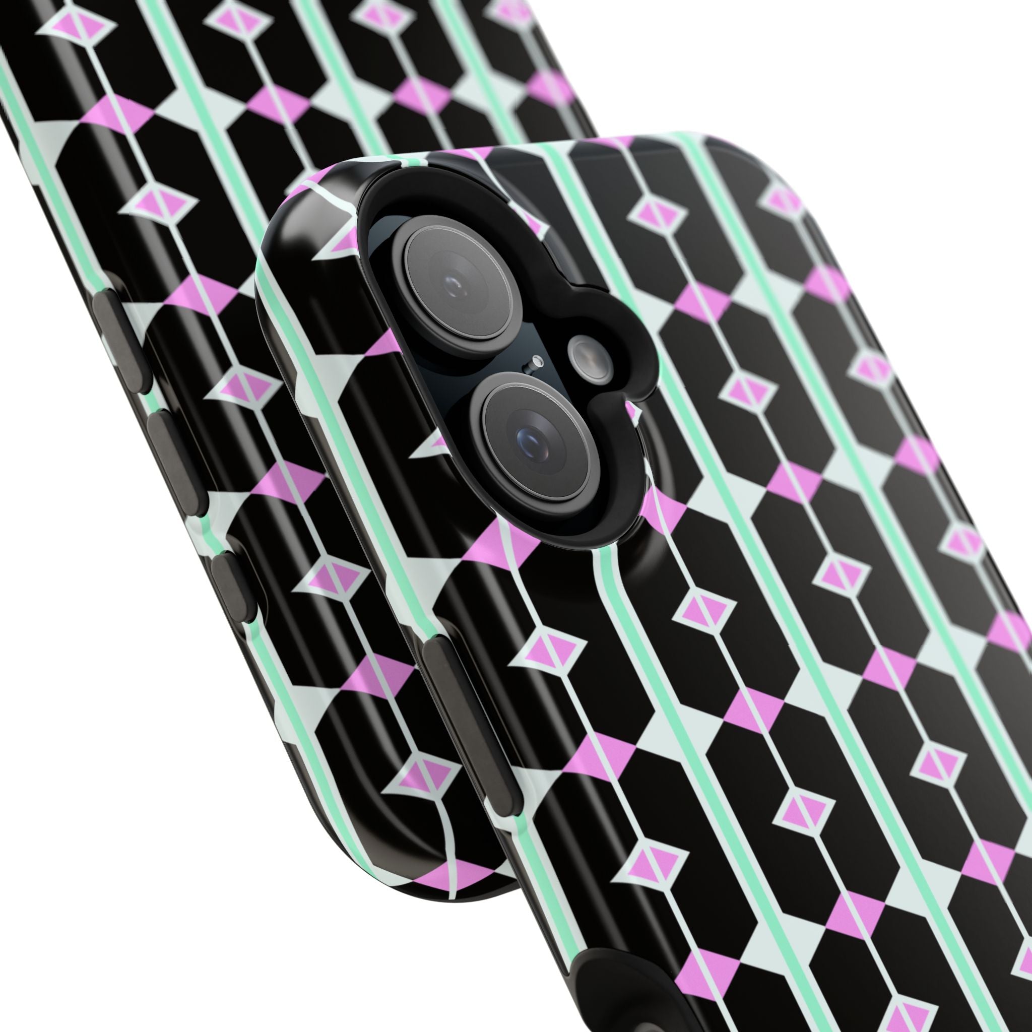 Geom Stripe Magnetic Phone Case — Black with Mint & Lavender Pattern