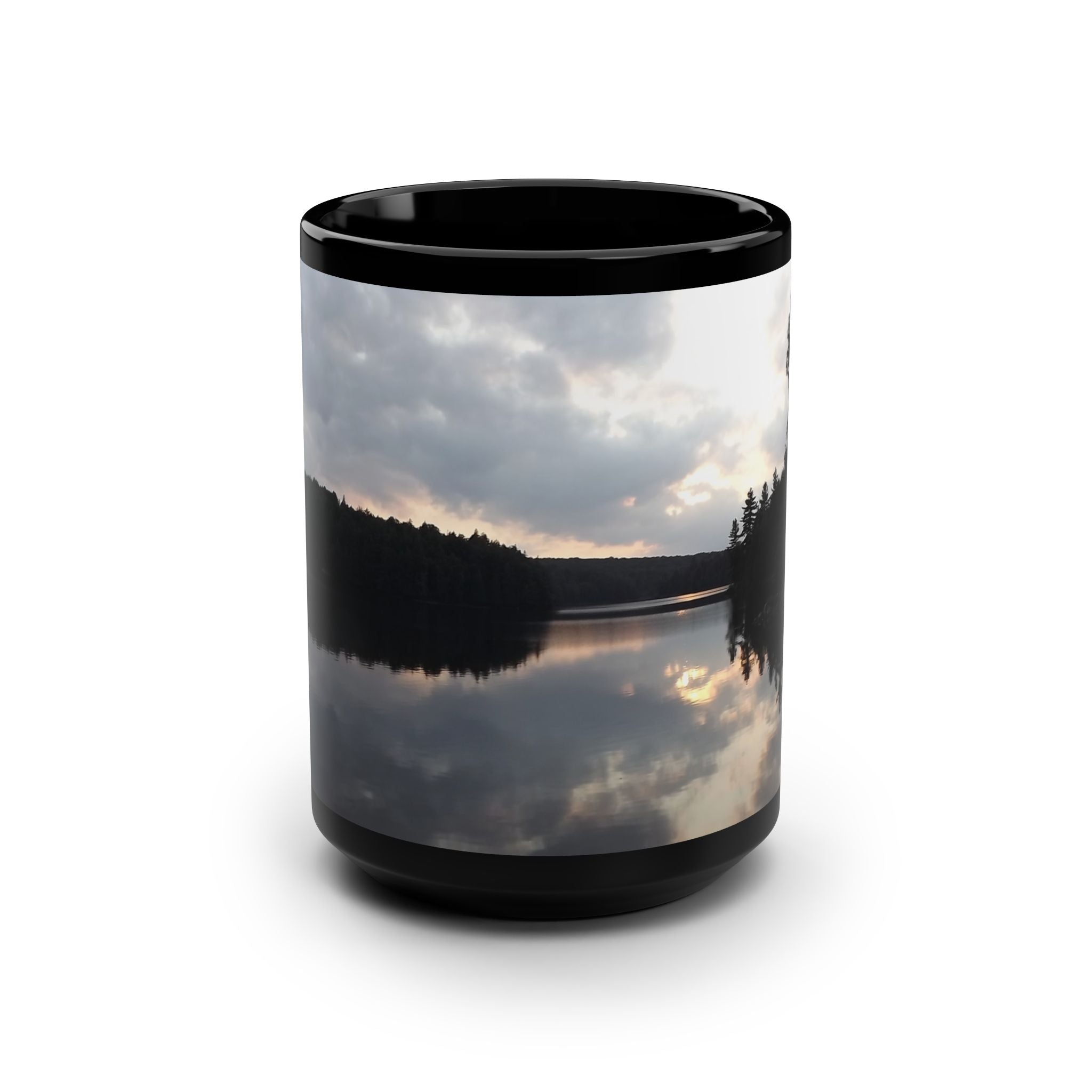 15oz Black Mug — Serene Lake Reflection Photo Coffee Cup
