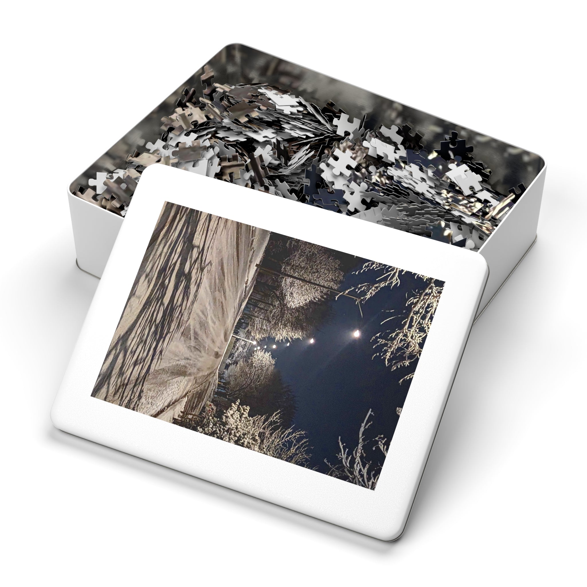Snowy Winter Night Street Jigsaw Puzzle with Tin