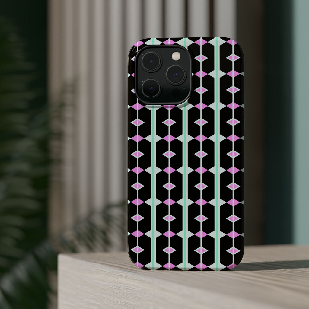 Geom Stripe Magnetic Phone Case — Black with Mint & Lavender Pattern