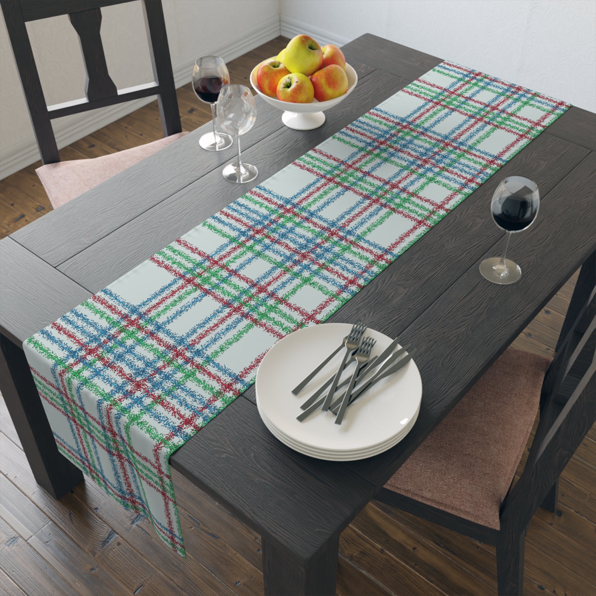 Festive Plaid Table Runner — Red, Green & Blue Holiday Plaid Cotton-Poly Blend