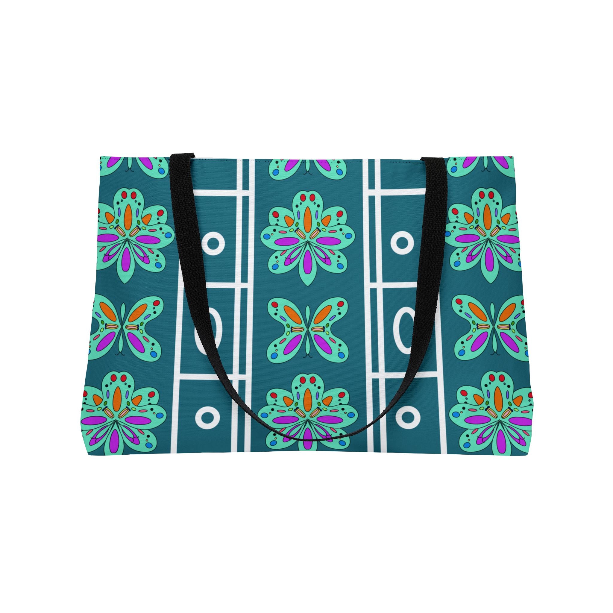Patterned Weekender Tote Bag — Teal Floral Geometric Travel Bag