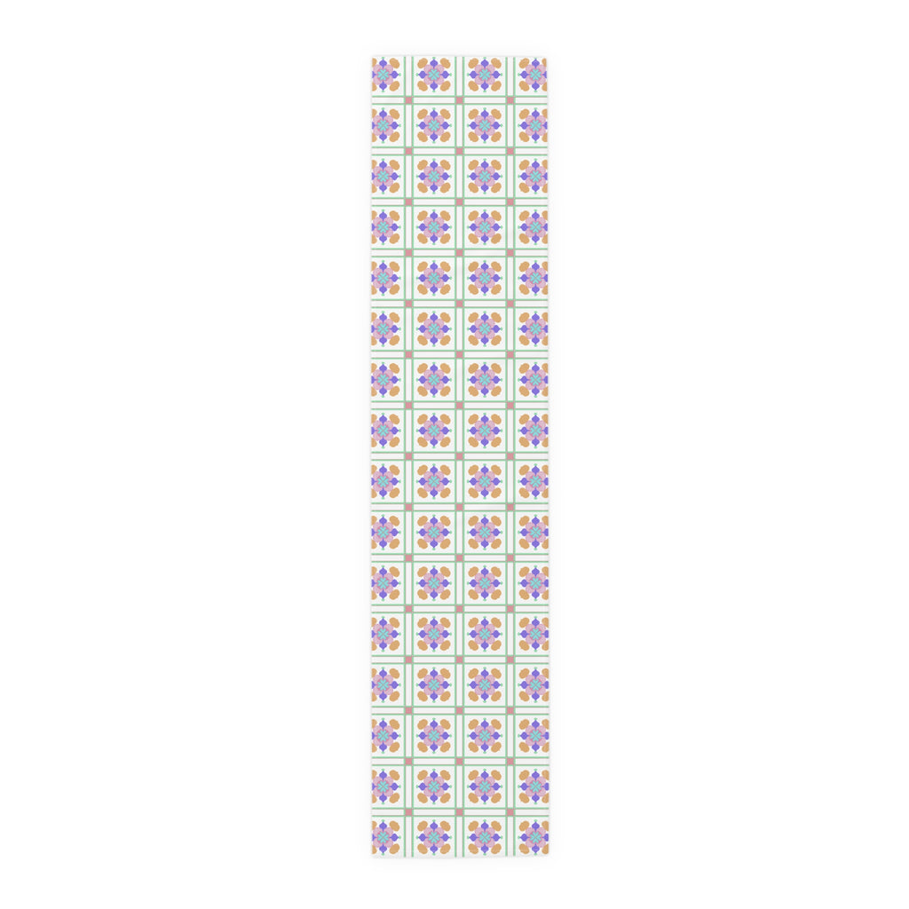 Floral Tile Table Runner — Retro Pastel Pattern Cotton-Poly Blend