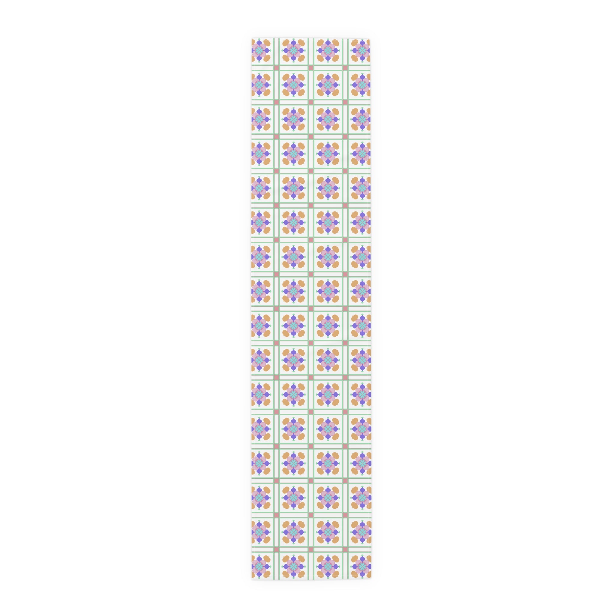 Floral Tile Table Runner — Retro Pastel Pattern Cotton-Poly Blend
