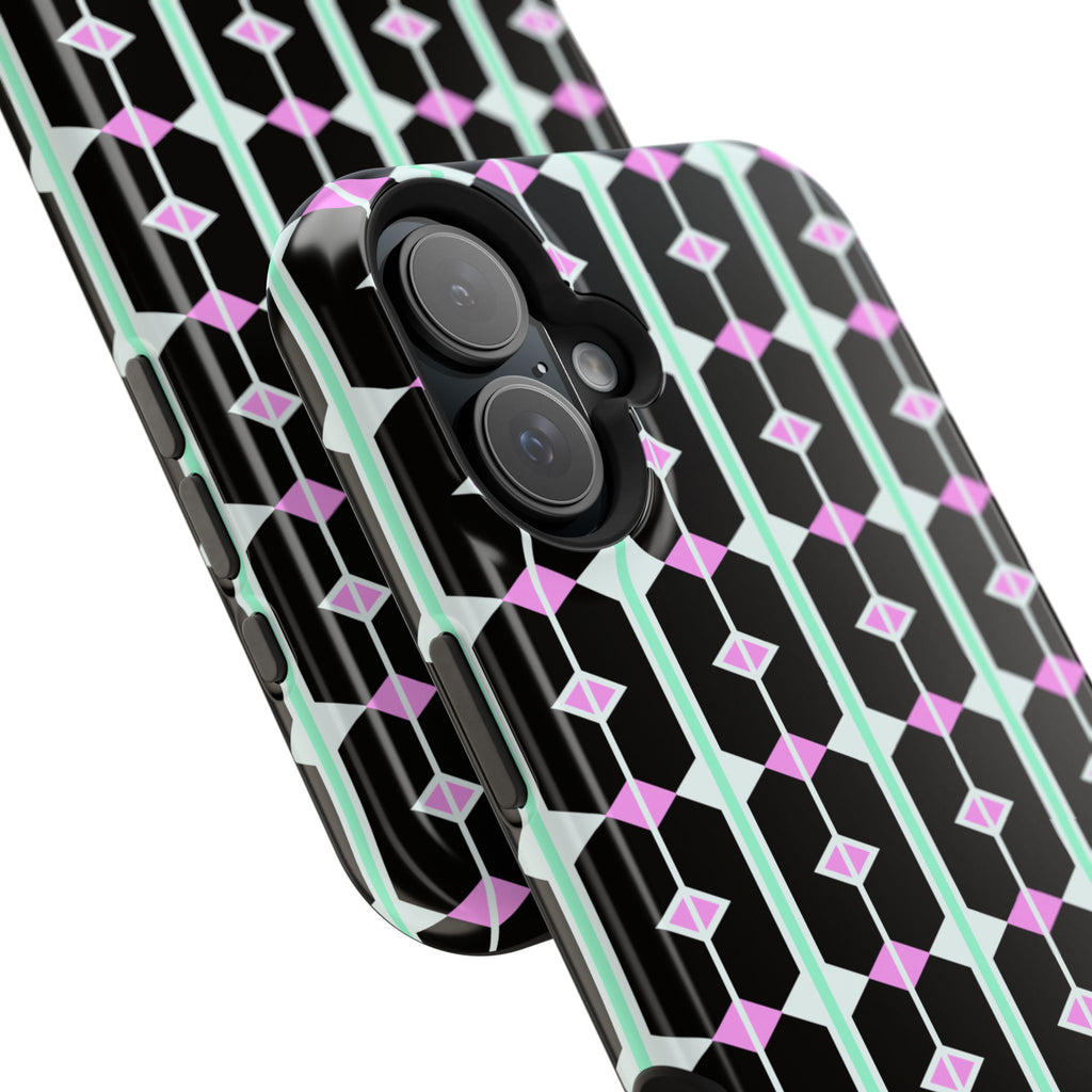 Geom Stripe Magnetic Phone Case — Black with Mint & Lavender Pattern