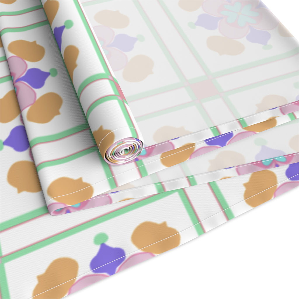 Floral Tile Table Runner — Retro Pastel Pattern Cotton-Poly Blend