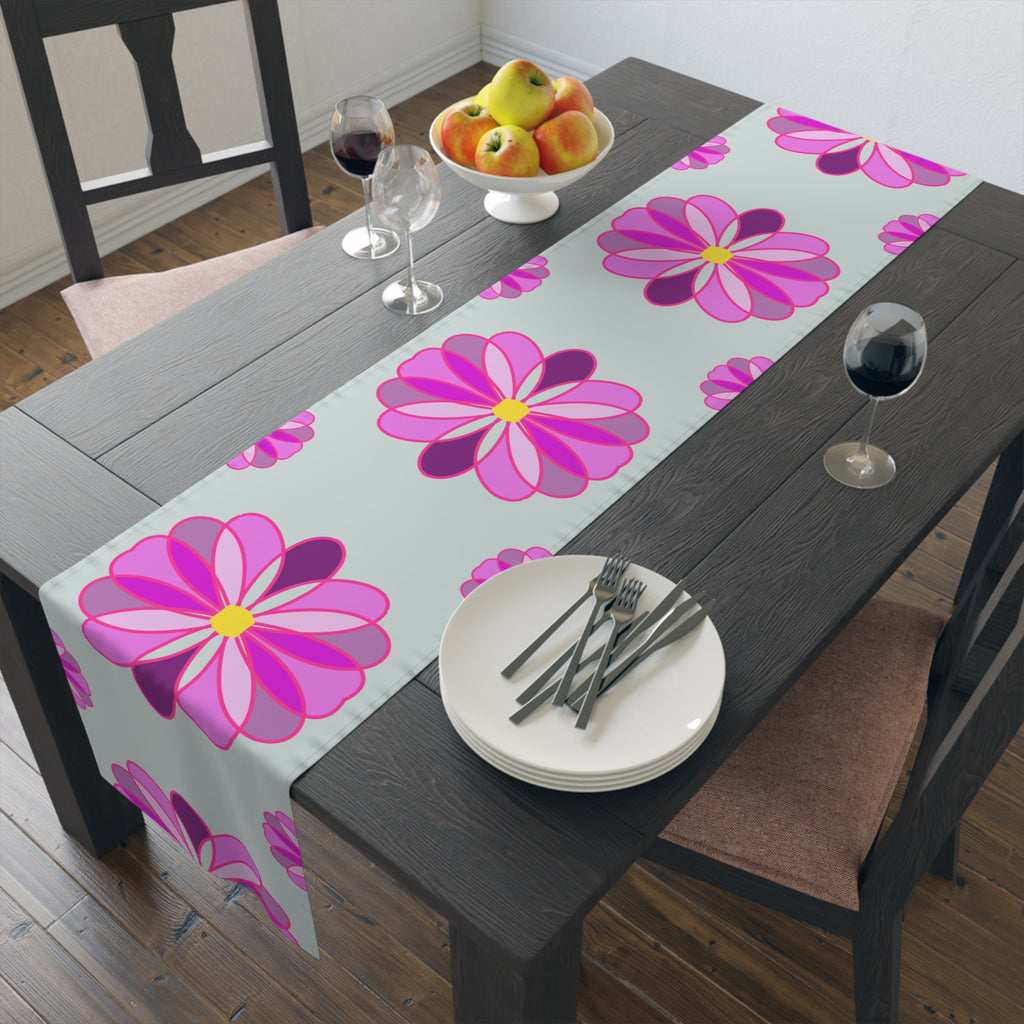 Pink Retro Floral Table Runner — Midcentury Flower Pattern Cotton-Poly Blend