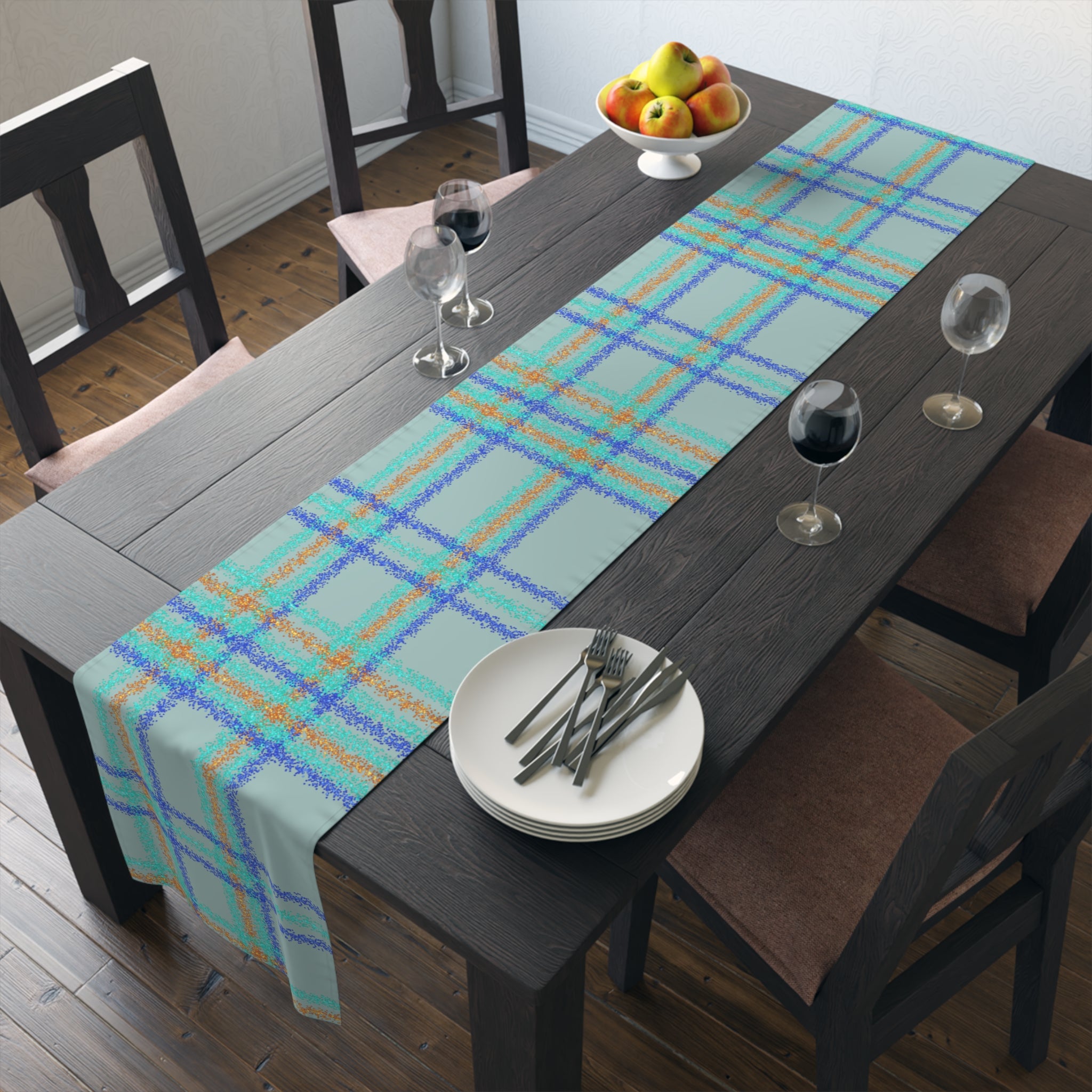 Pastel Plaid Table Runner — Blue, Lavender & Mint Cotton-Poly Decor