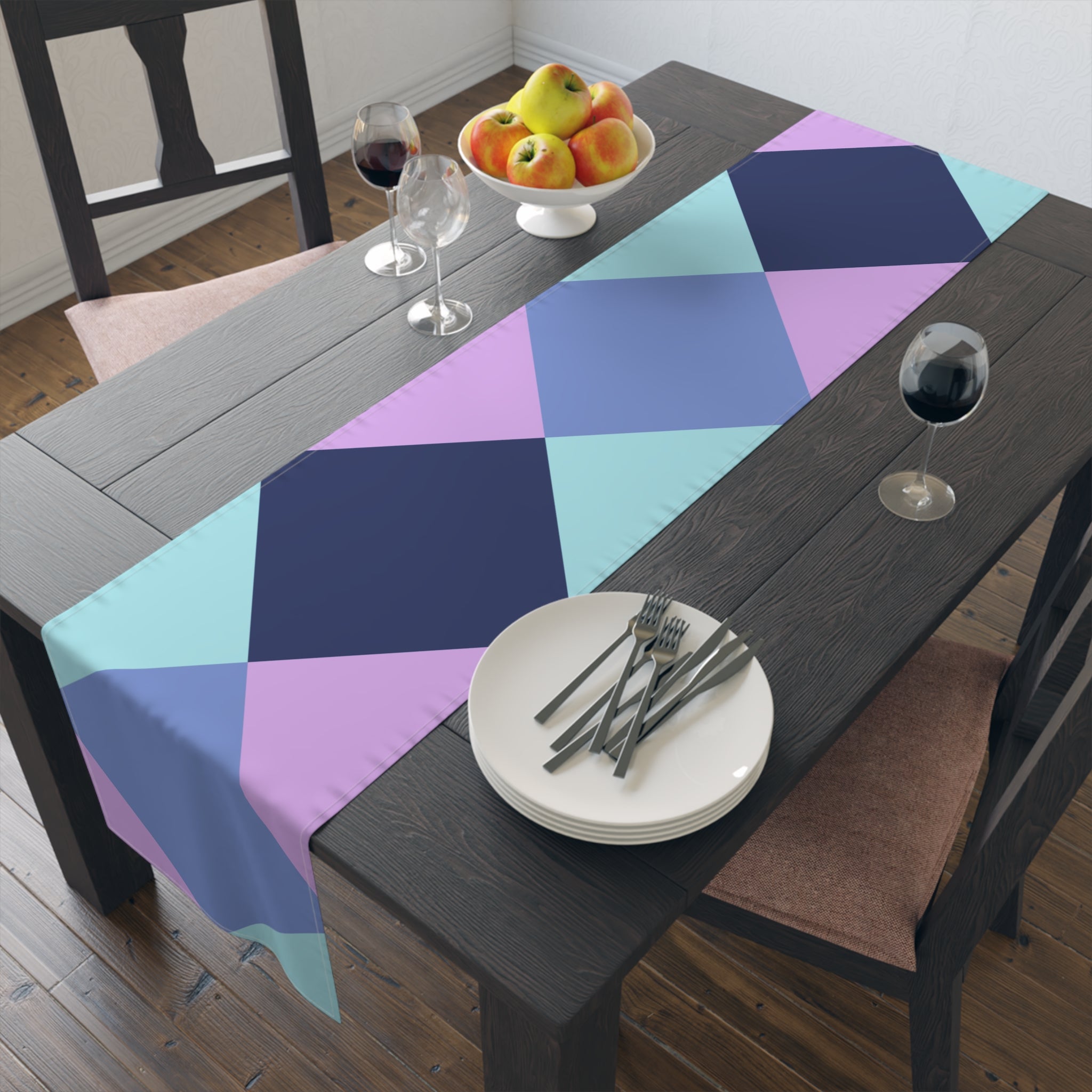 Pastel Geometric Table Runner — Blue Lavender Diamond Pattern