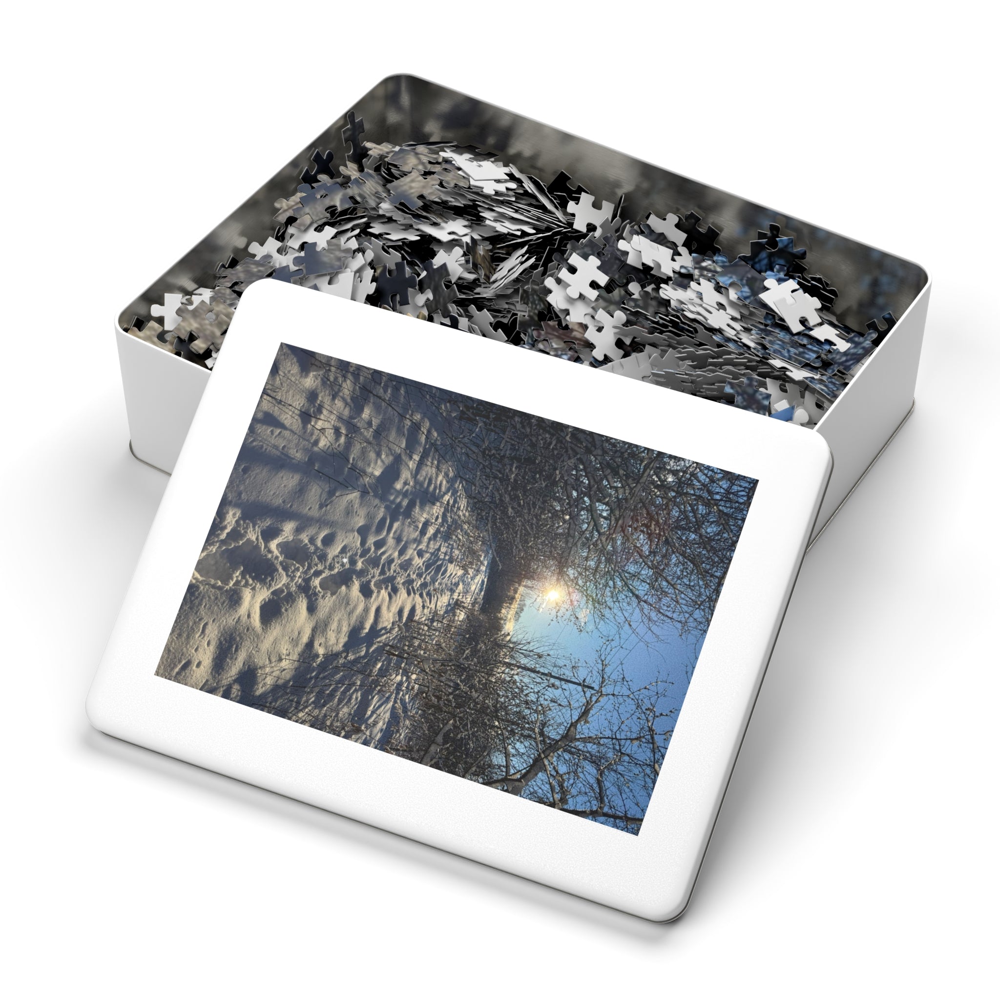 Winter Snowy Path Jigsaw Puzzle with Tin