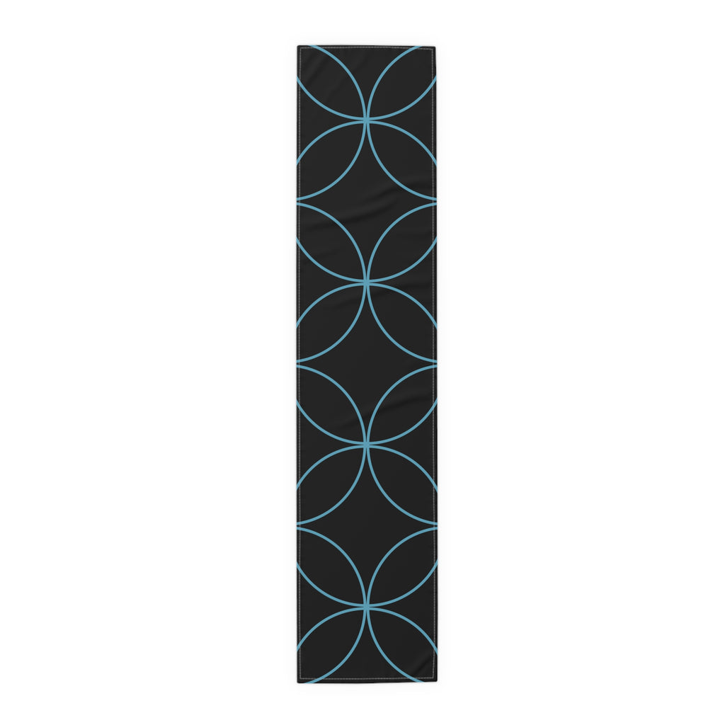 Modern Geometric Table Runner — Black with Blue Interlocking Circles