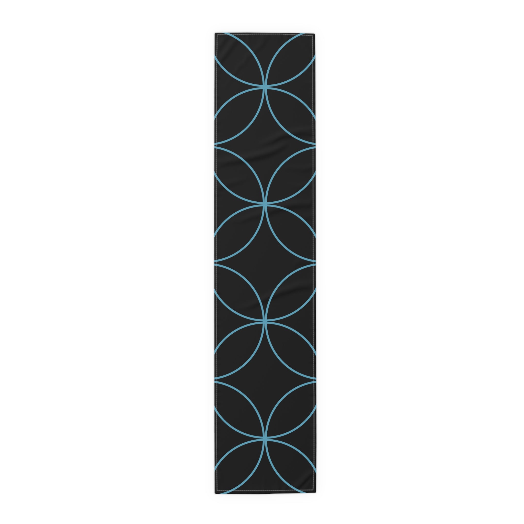 Modern Geometric Table Runner — Black with Blue Interlocking Circles
