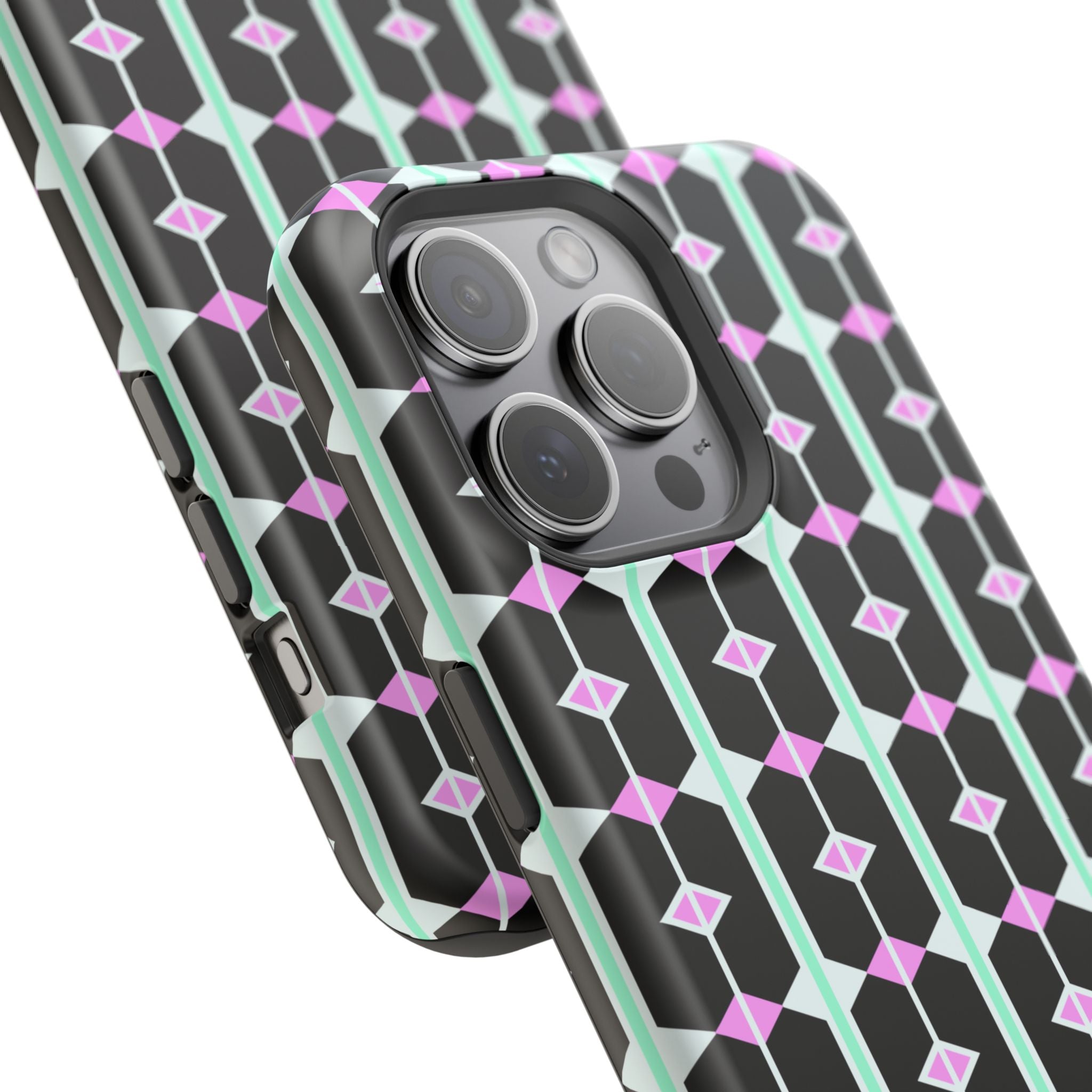Geom Stripe Magnetic Phone Case — Black with Mint & Lavender Pattern