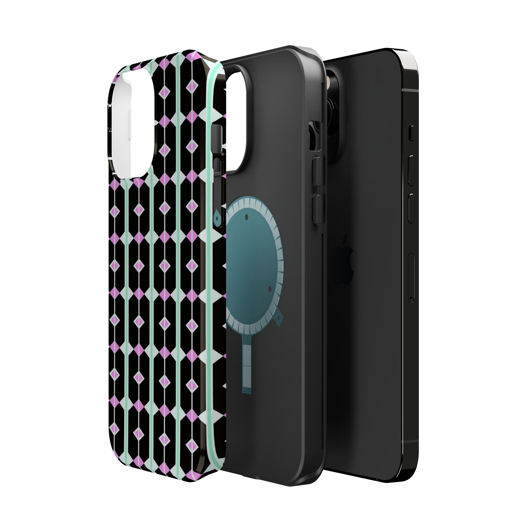 Geom Stripe Magnetic Phone Case — Black with Mint & Lavender Pattern