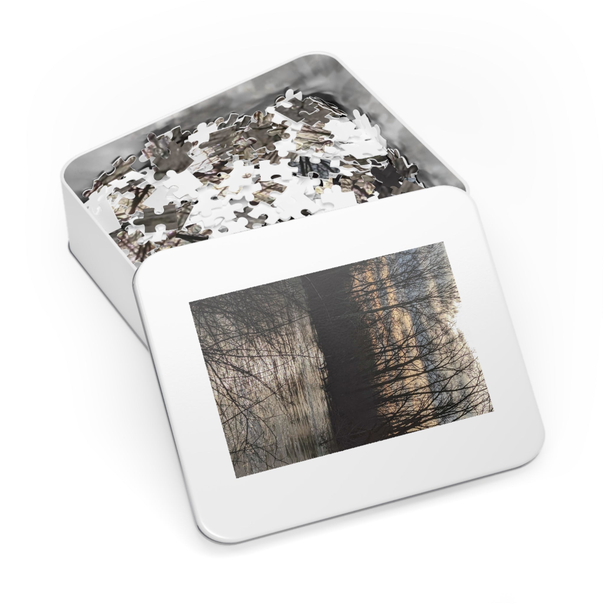 Lake at Dusk Jigsaw Puzzle with Tin — Scenic Sunset Puzzle