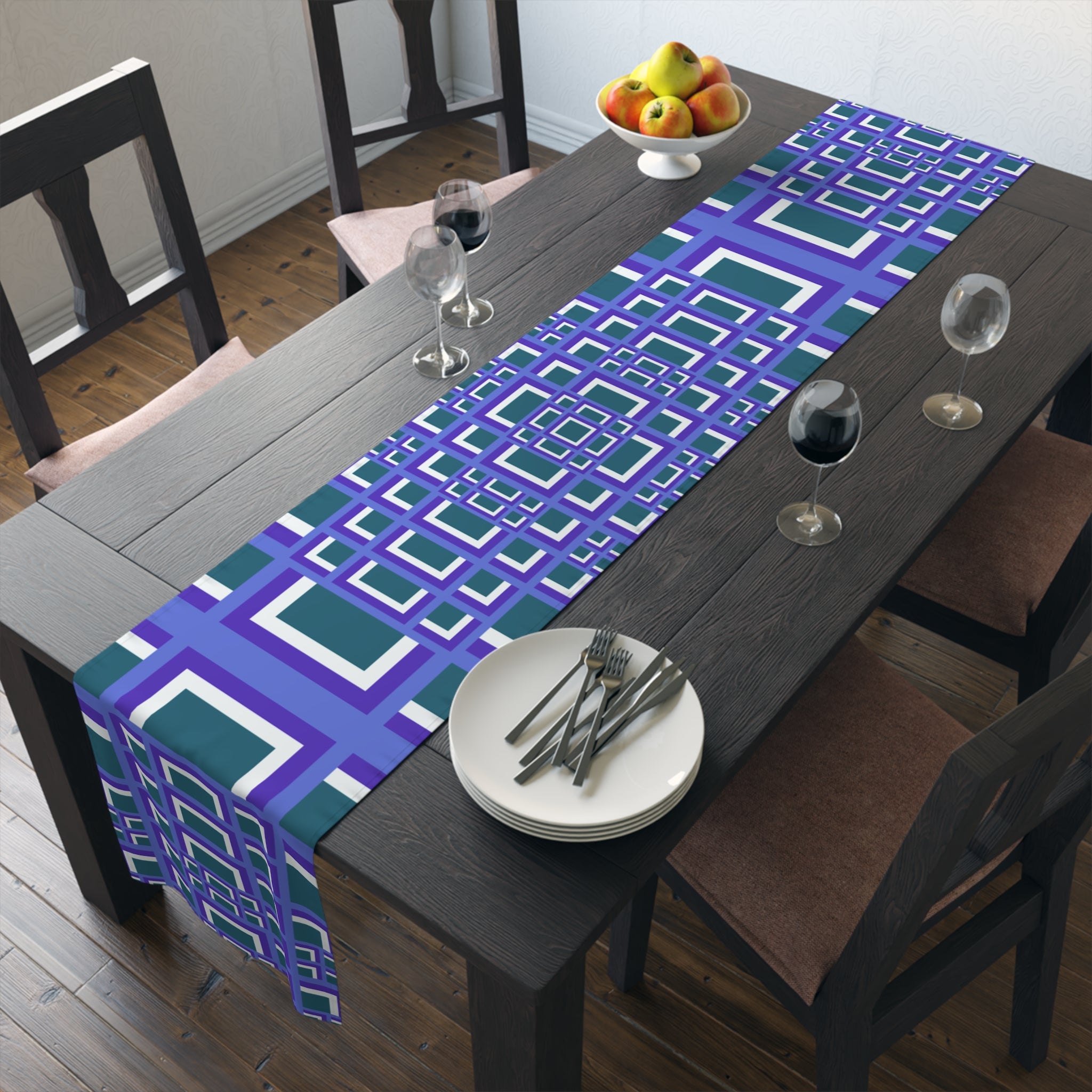 Geometric Purple Square Table Runner — Modern Retro Pattern Cotton-Poly Blend