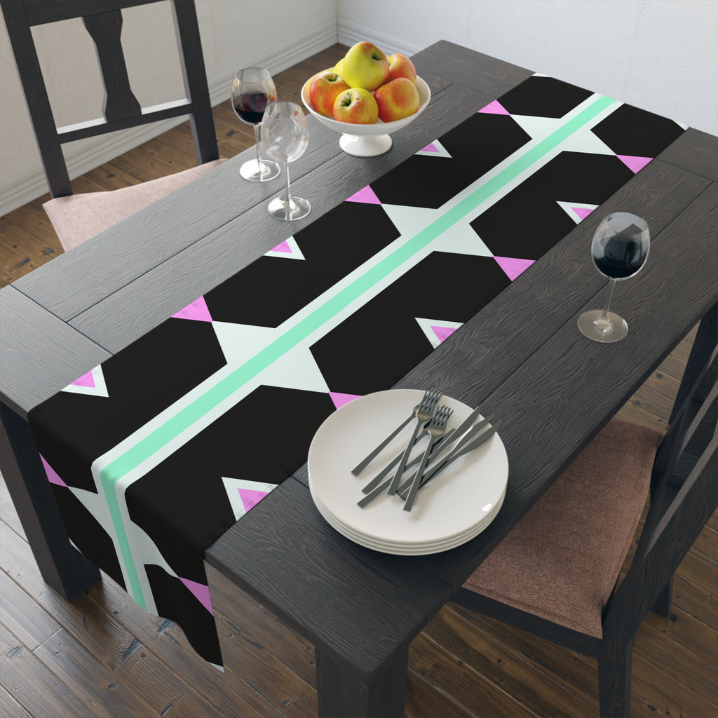 Geometric Pastel Stripe Table Runner — Modern Black, Mint & Pink Dining Accent