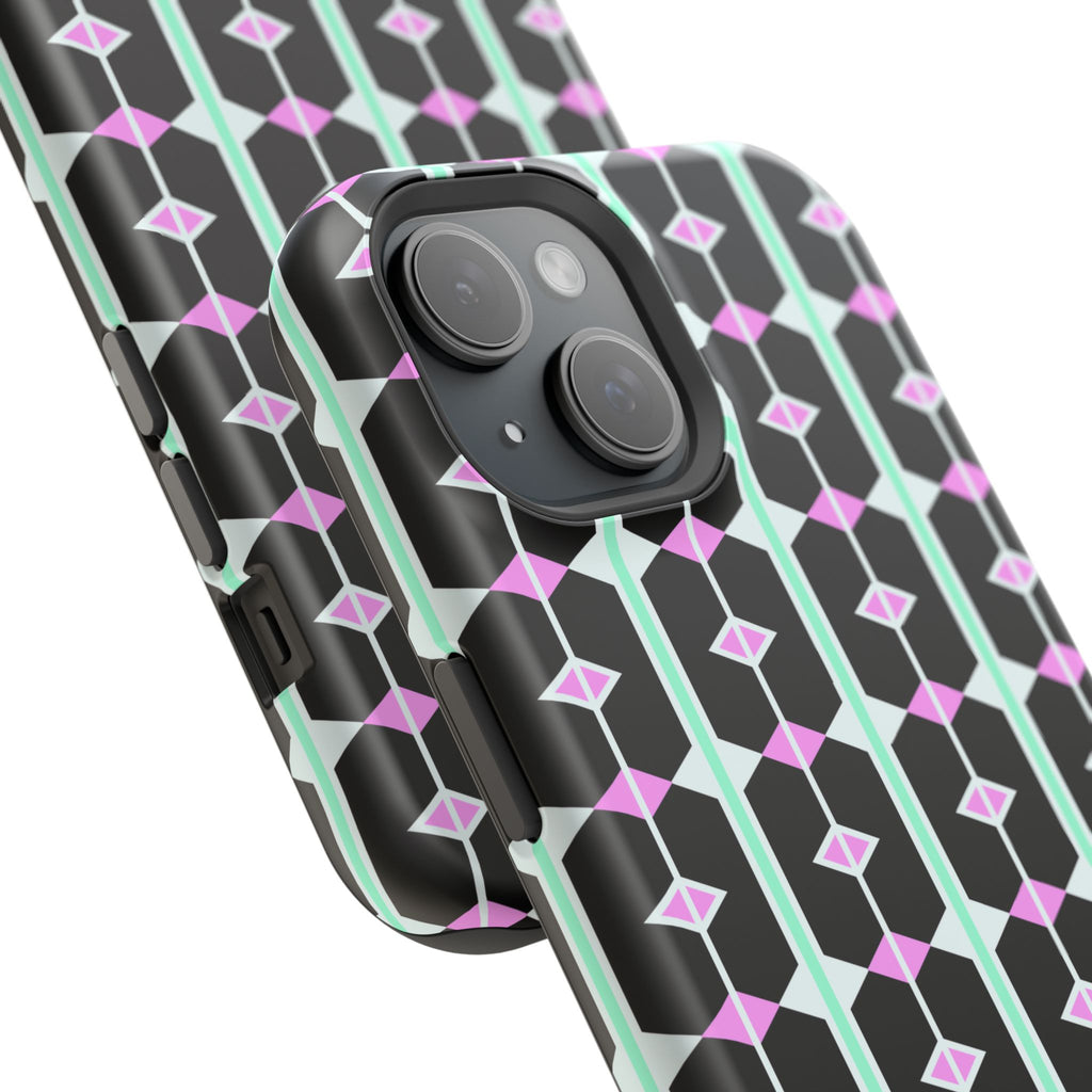 Geom Stripe Magnetic Phone Case — Black with Mint & Lavender Pattern