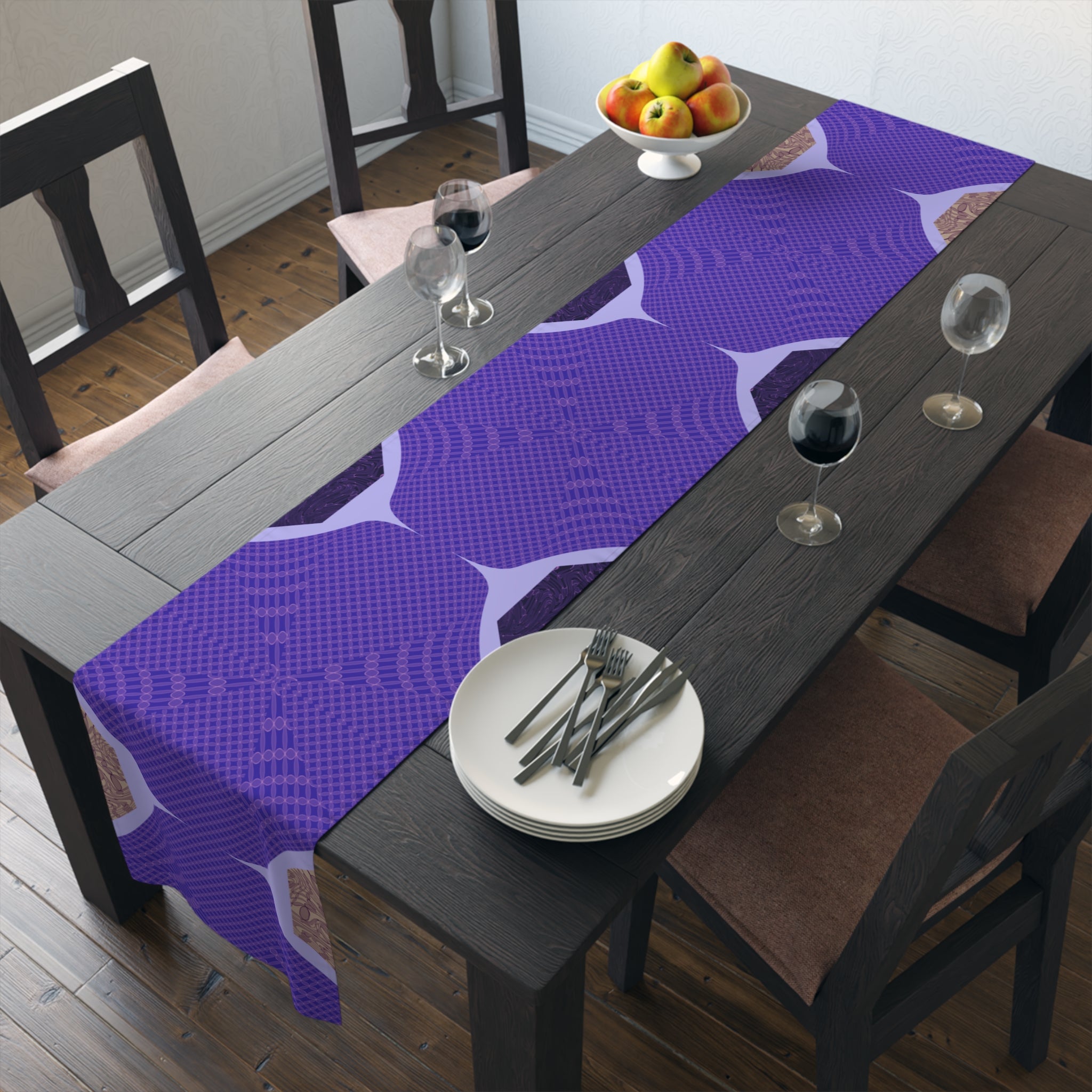 Purple Geometric Table Runner — Modern Abstract Dining Accent