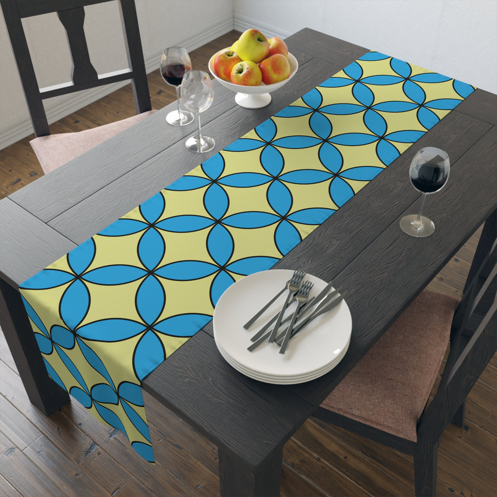 Geometric Blossom Table Runner — Blue & Lime Retro Pattern