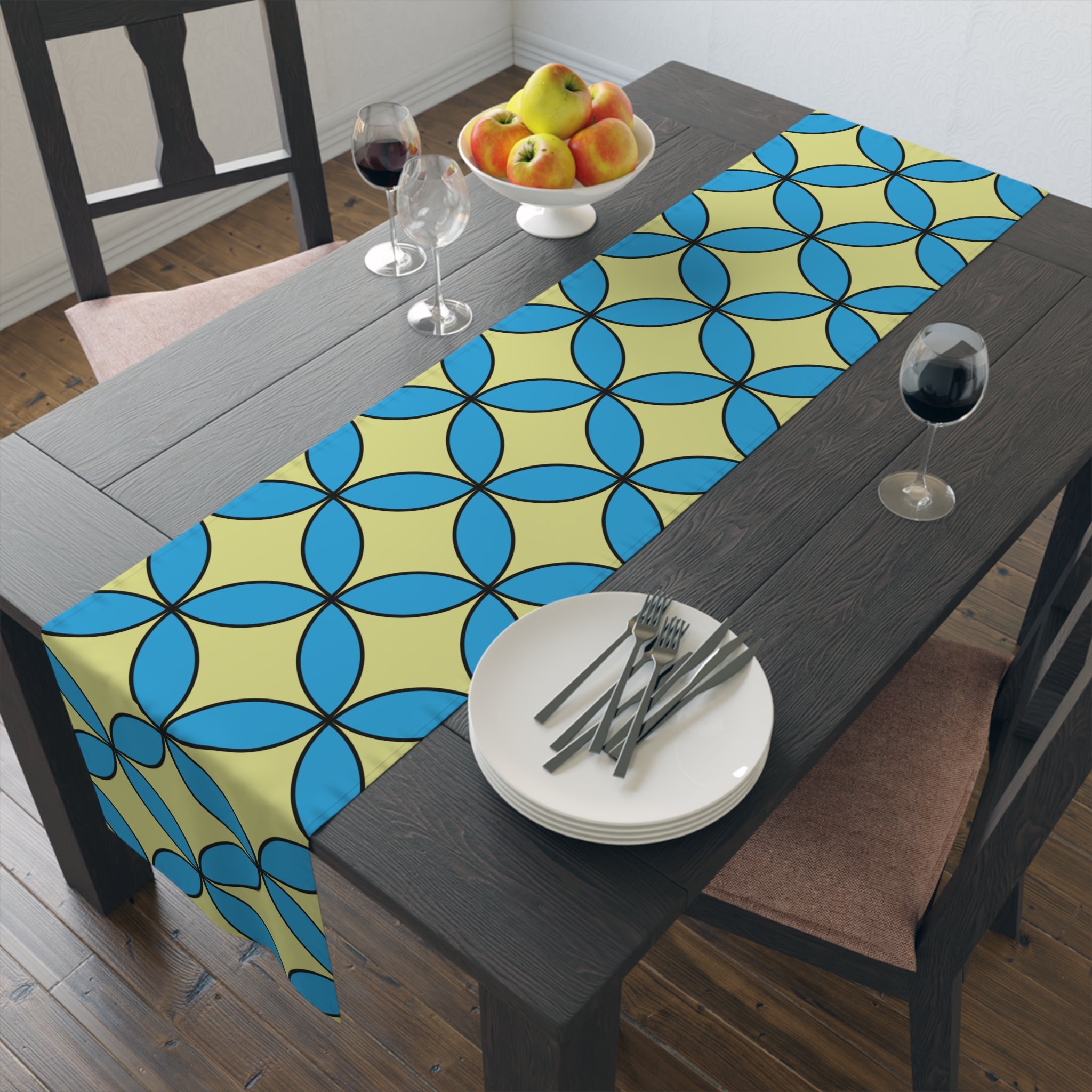 Geometric Blossom Table Runner — Blue & Lime Retro Pattern