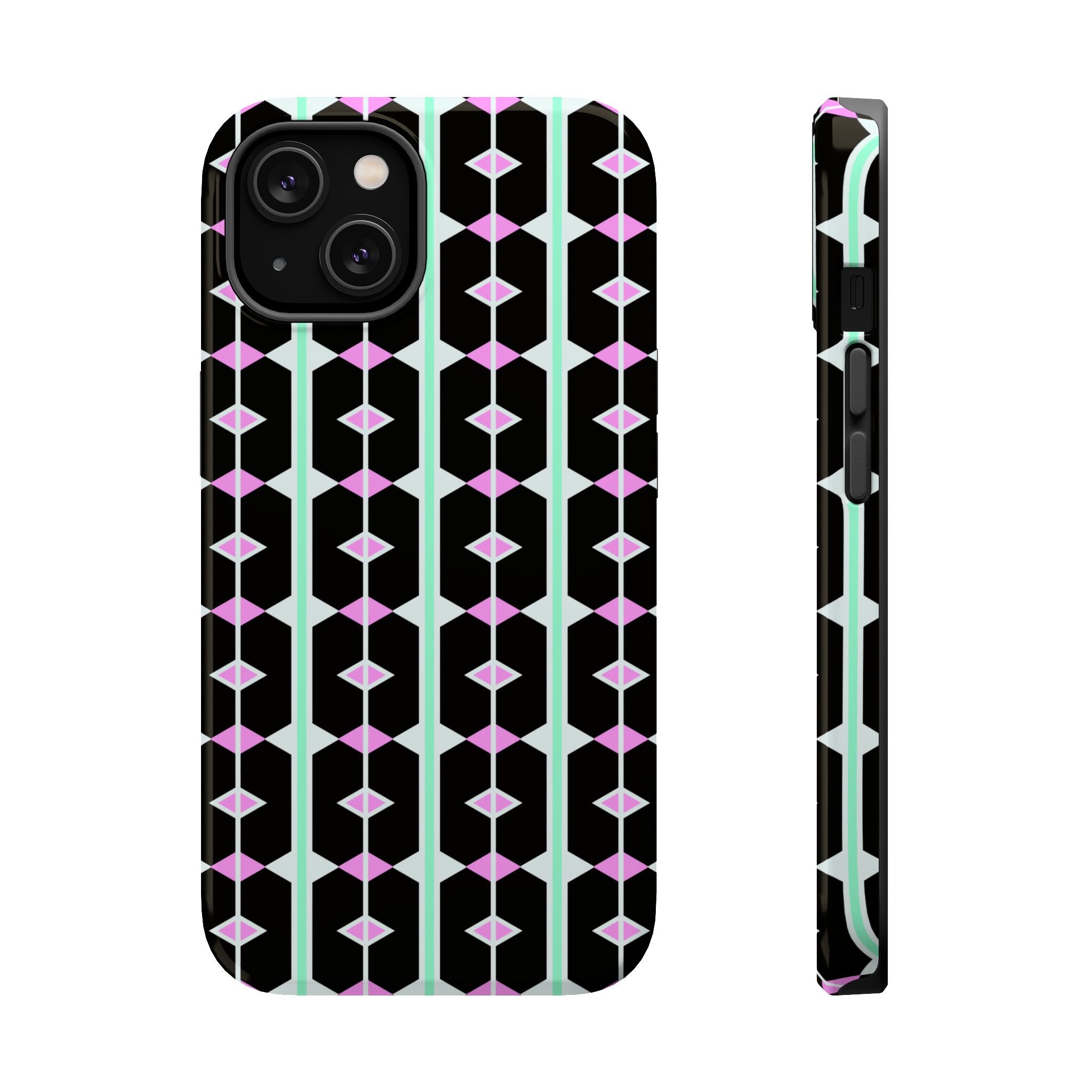Geom Stripe Magnetic Phone Case — Black with Mint & Lavender Pattern
