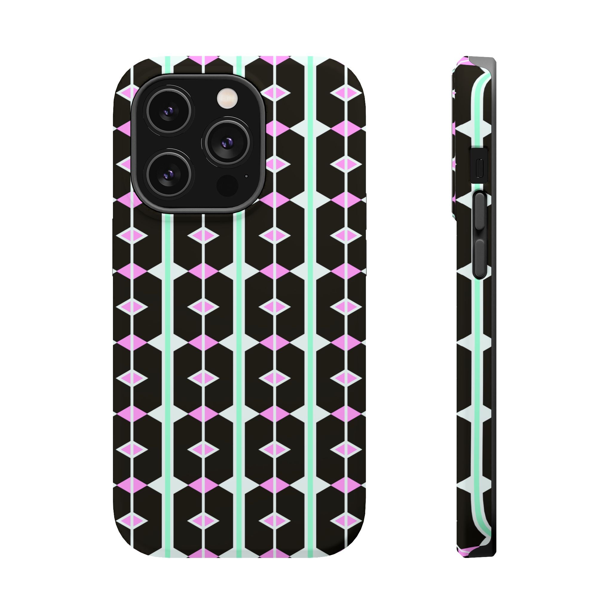 Geom Stripe Magnetic Phone Case — Black with Mint & Lavender Pattern
