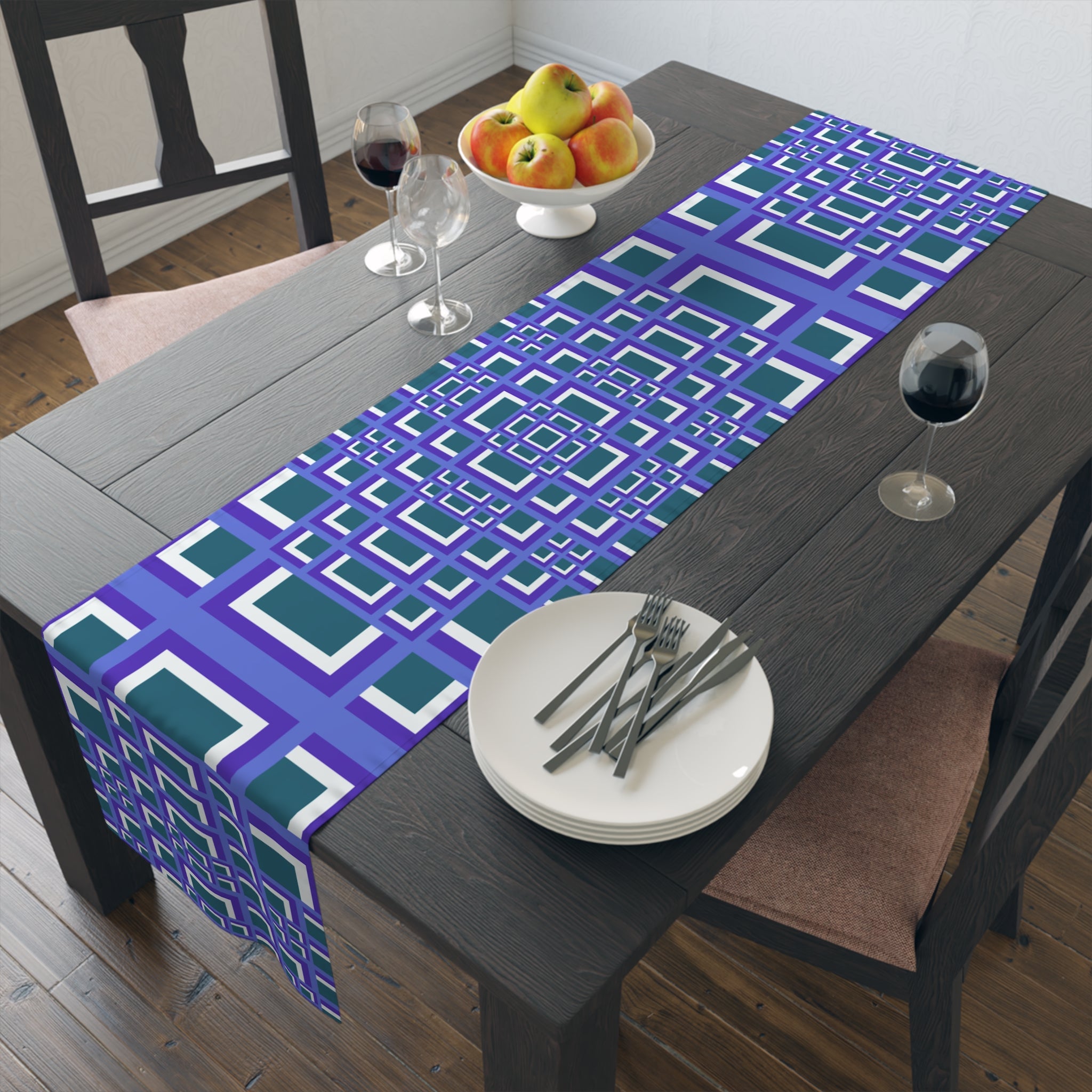 Geometric Purple Square Table Runner — Modern Retro Pattern Cotton-Poly Blend