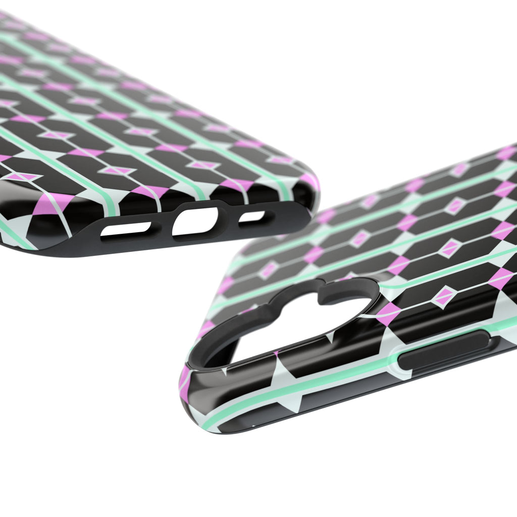 Geom Stripe Magnetic Phone Case — Black with Mint & Lavender Pattern