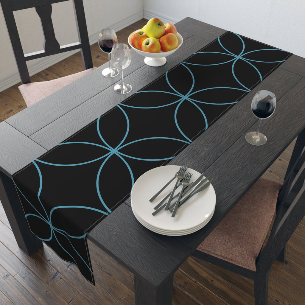 Modern Geometric Table Runner — Black with Blue Interlocking Circles