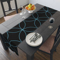 Modern Geometric Table Runner — Black with Blue Interlocking Circles