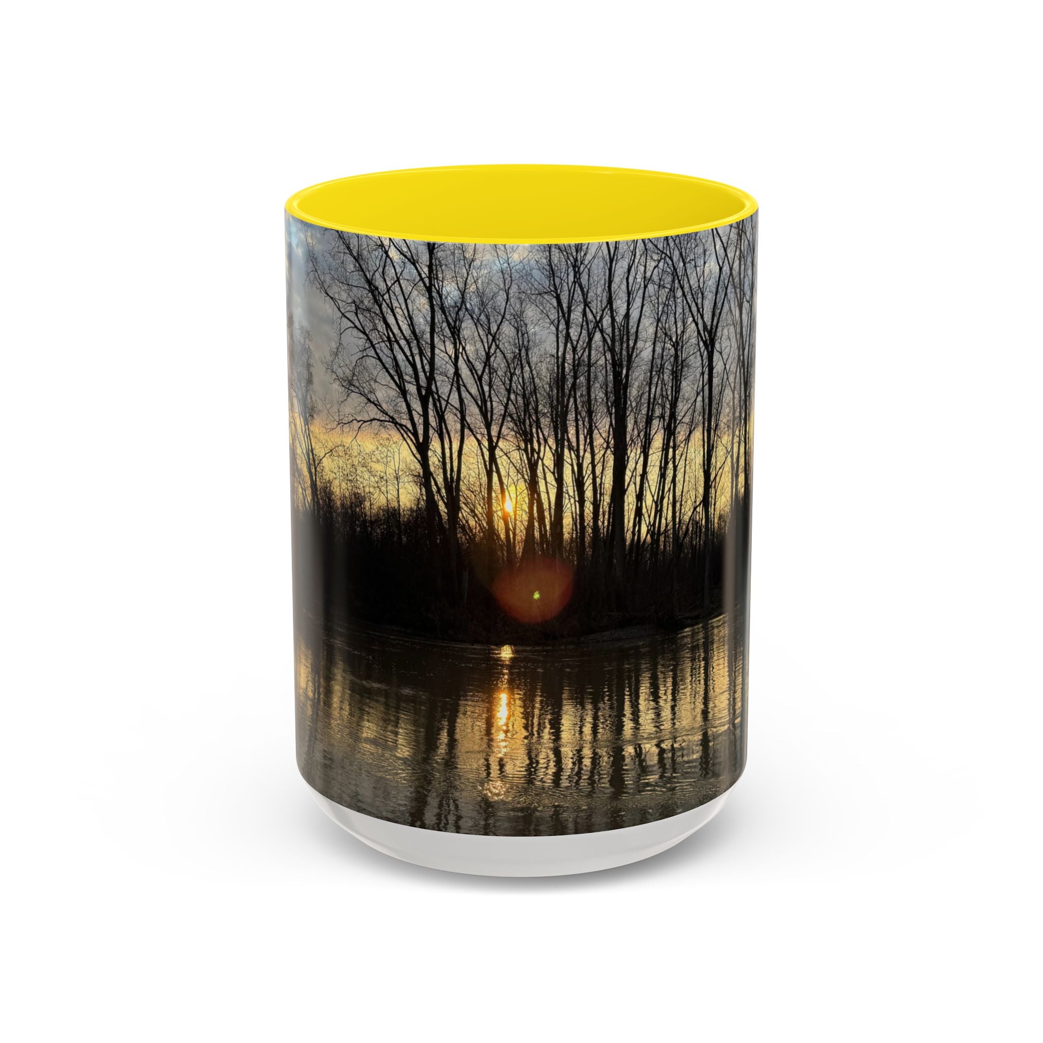 Sunset Reflection Coffee Mug — Forest Silhouette Accent Mug