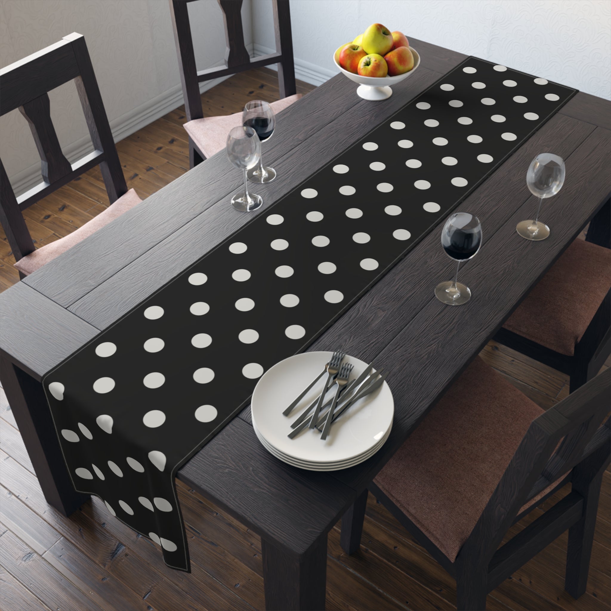 Black Polka Dot Table Runner – Classic Dotted Cotton-Poly Dining Accent