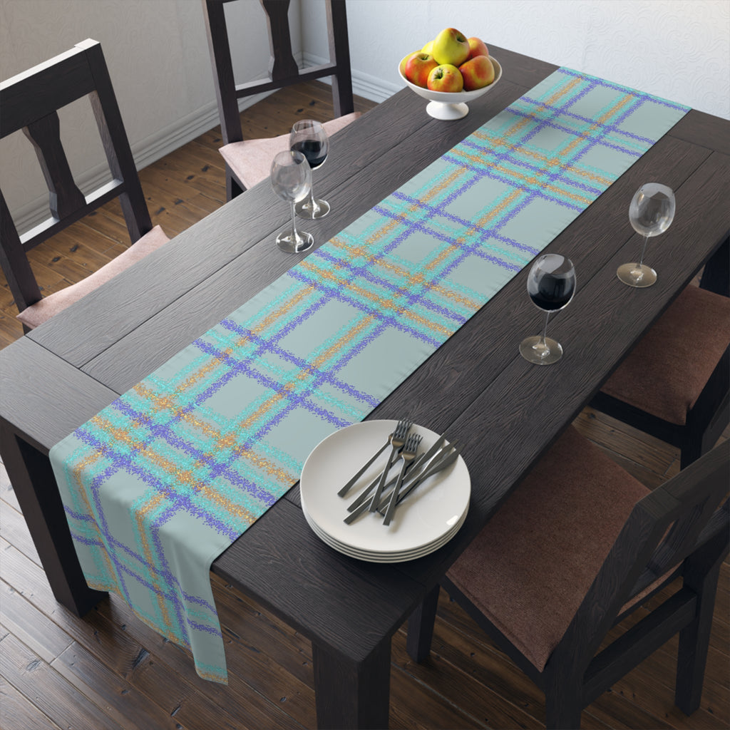 Pastel Plaid Table Runner — Blue, Lavender & Mint Cotton-Poly Decor