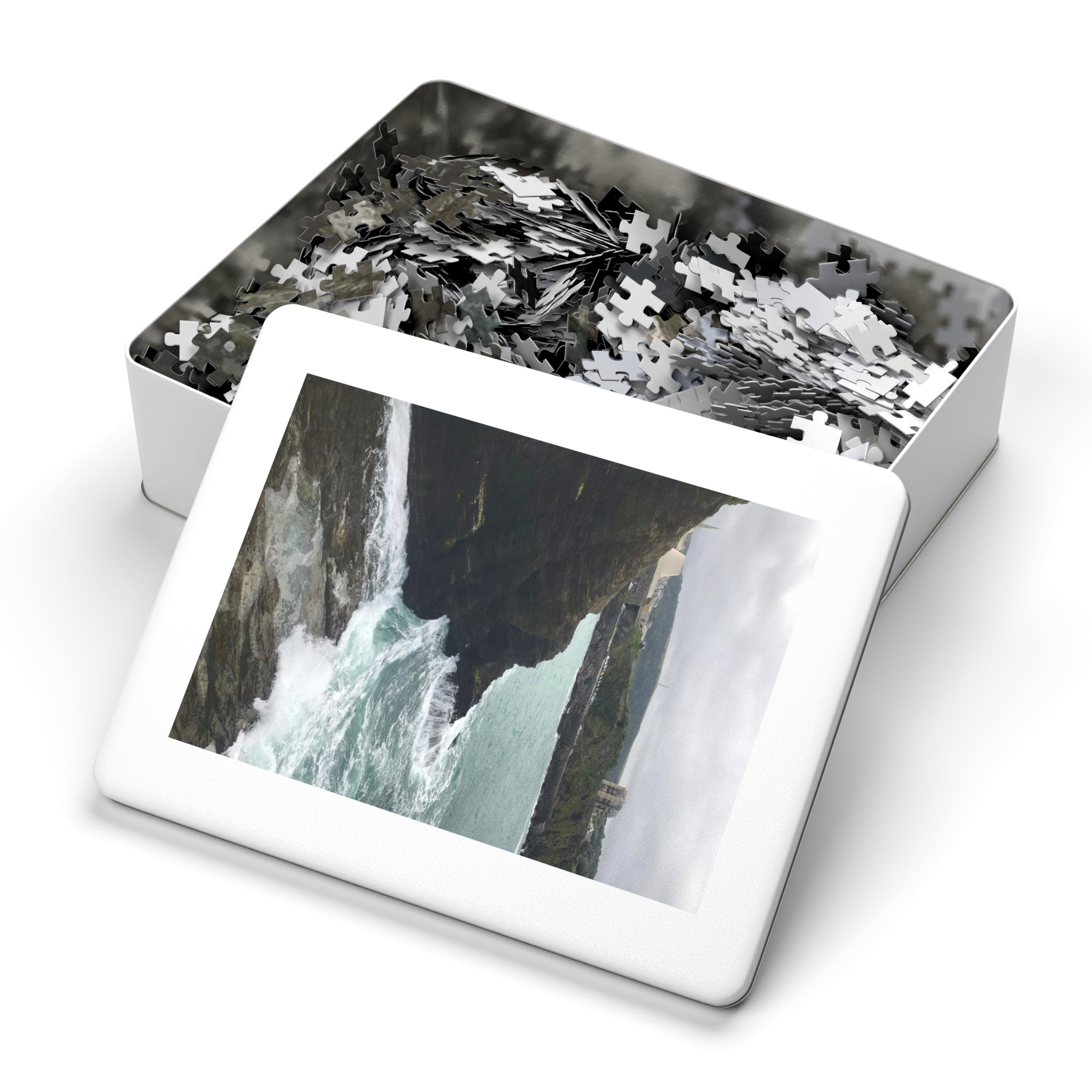 Coastal Cliff Jigsaw Puzzle with Tin – Ocean Waves Seascape Puzzle