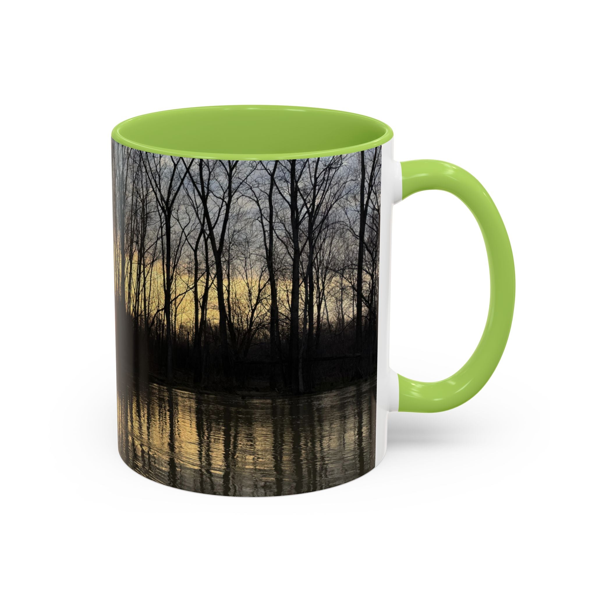 Sunset Reflection Coffee Mug — Forest Silhouette Accent Mug