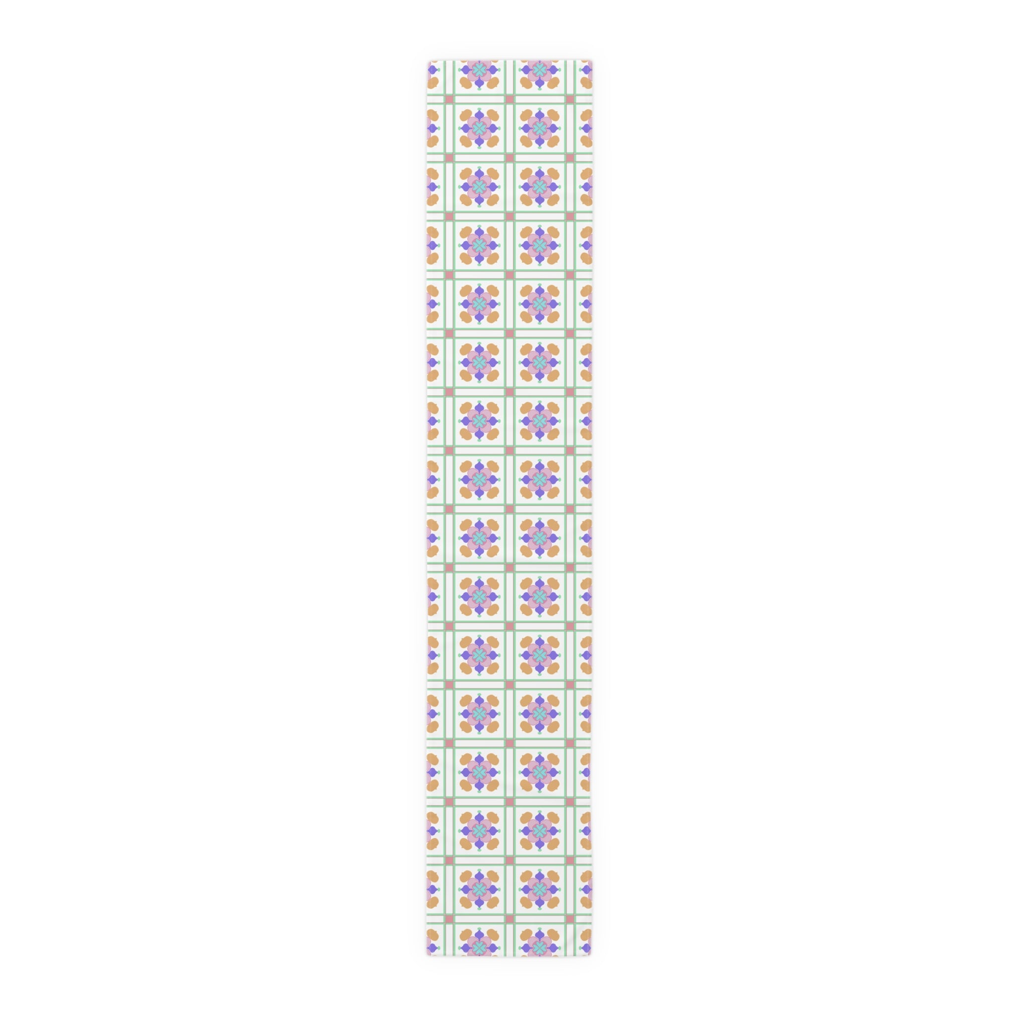 Floral Tile Table Runner — Retro Pastel Pattern Cotton-Poly Blend