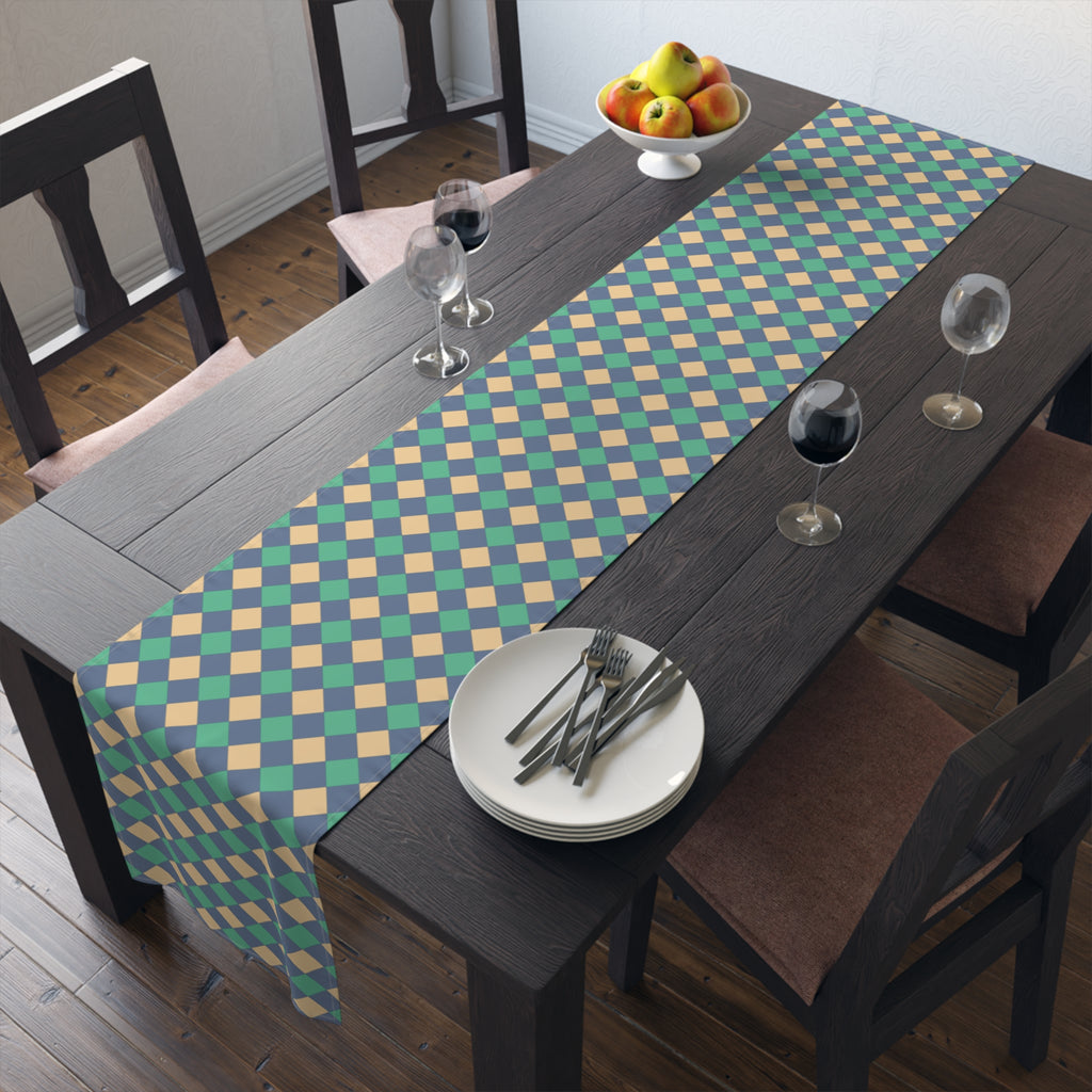 Diamond Check Table Runner — Retro Teal & Mustard Geometric Dining Decor